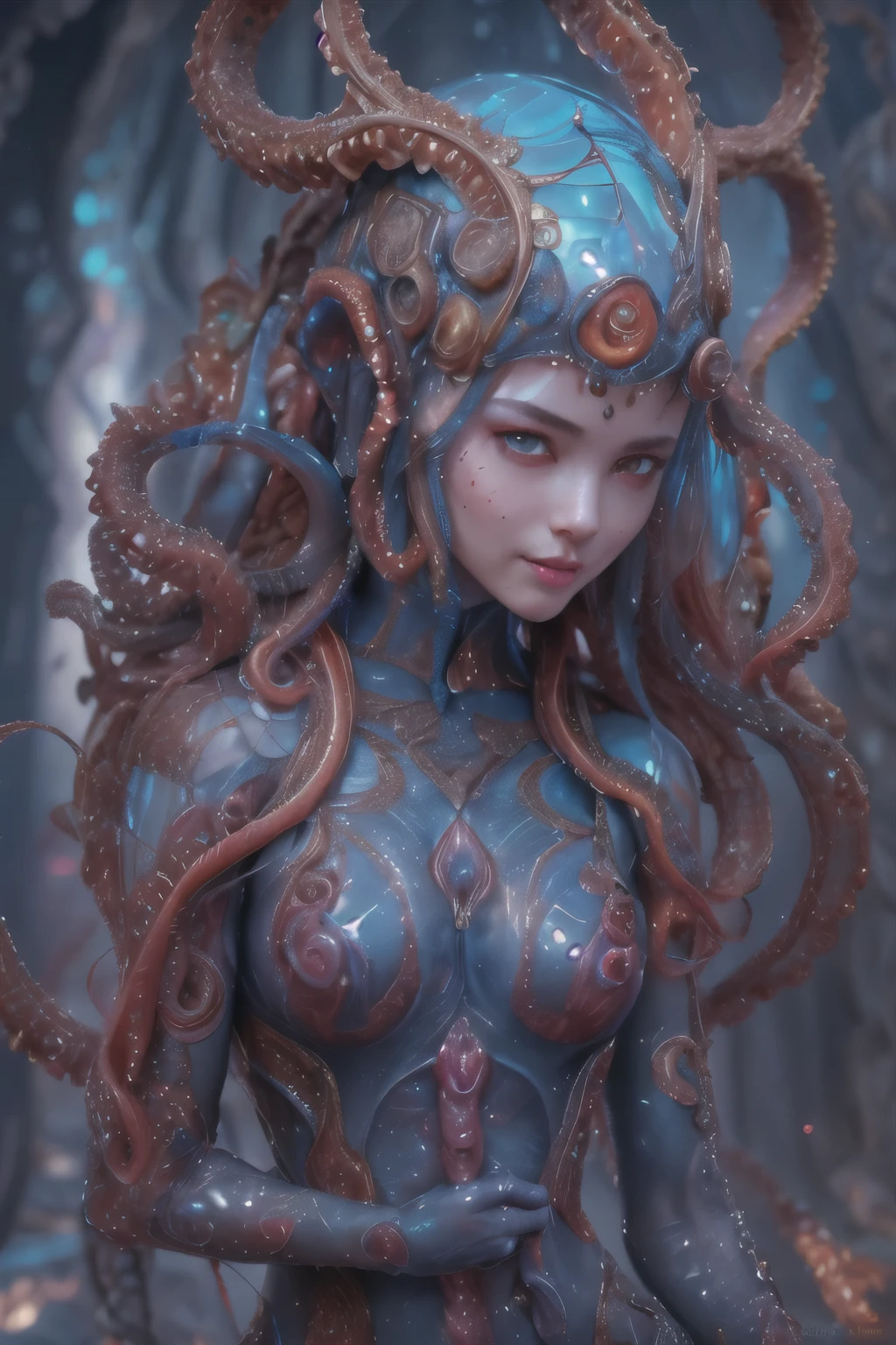 Portrait, (beautiful female alien:1.2), (she has red eyes with no pupils:1.8), (Translucent skin:1.7), (There is a female genital-like organ in the middle of the forehead:1.9), (The most beautiful face in the history of the universe:1.2),an evil gaze that seduces, (large mouth:1.1), (sharp teeth like a vampire:1.2), Full body like, (bio luminescent:1.5), (Smile wickedly:1.3), (sexypose:1.5), alien, No humans, cells are fused, (Lots of translucent tentacles:1.3) extraterrestrial, cell, bio image, Best Quality, 8K,4K_quality, High Definition, Dramatic Lighting, masutepiece:1.5,cinematic quality, detail up, (Intricate details:1.2), High resolution, High Definition, drawing faithfully, (Thick eyebrows:1.2), Beautiful eyes with fine symmetry,(Highly detailed face and eyes:1.2), Intimate face, (Super detailed skin quality feeling:1.4), Perfect Anatomy, (Beautiful toned body:1.5), (Moist skin:1.2), No makeup, (dark circles:1.1), long canines, cinematic drawing of characters, ultra high quality model, cinematic quality, detail up, (Intricate details:1.2), High resolution, High Definition, drawing faithfully, Official art, Unity 8K wall , 8K Portrait, Best Quality, Very High resolution, ultra detailed artistic photography, midnight aura, unreal enginee 5, Ultra Sharp Focus, art by alberto seveso, ArtGerm, Roisch, intricate artwork, best quality, masutepiece, ultra High resolution, (photos realistic:1.4), Ultra-realistic realism, dream-like, nautilus, Creation of fantasy, Snail, Dream Snail, biopunk nautilus, Thrilling color schemes, Ultra-realistic realism, seductively smiling, Blue tentacles,