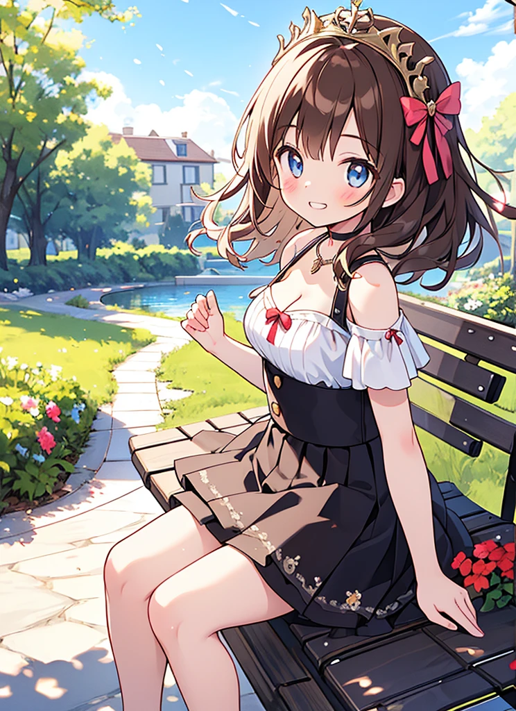 1 girl, Alone, ssmile, sitted, has cleavage, shoulder cutout, woven, a skirt, Brown hair, eBlue eyes, side woven, Be red in the face, long whitr hair, benches, grinning smile, Outdoor activities, white a skirt, jewely, Clothing cutting, By bangs, choker necklace, Floral, fuzzy, (leglurry background between hands, , the bow, facing to audience, , of shoulders, sun has cleavage, straw has cleavage, daysies, 鎖骨, hair the bow, short- sleeved, The foot extends beyond the frame, ribbons, Brown tiara, on benches, depth of fields, park benches, ^_^, Hair over the shoulder, From the side Side, looking at viewert,