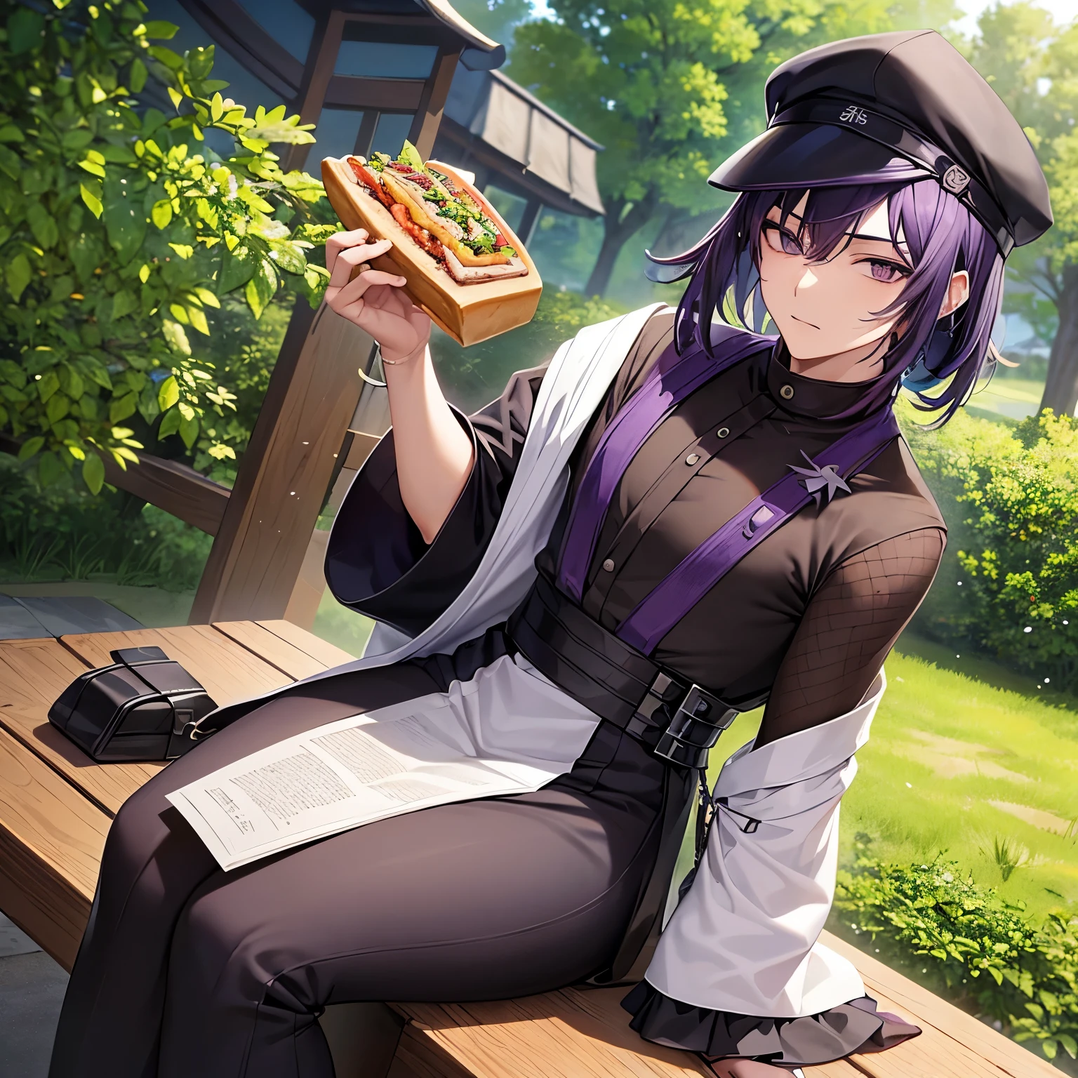 ighly detailed、An 18-year-old man、wear an olive-colored cap、purple and black mesh hair、Clothes: a black Japanese haori over a white dress shirt、Reading while eating a sandwich in nature