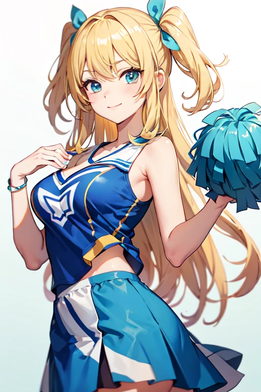 anime girl with blue dress and cheerleader holding up a pom pomrl, beautiful anime high school girl, pretty anime girl, cute anime girl, anime girl blonde busty