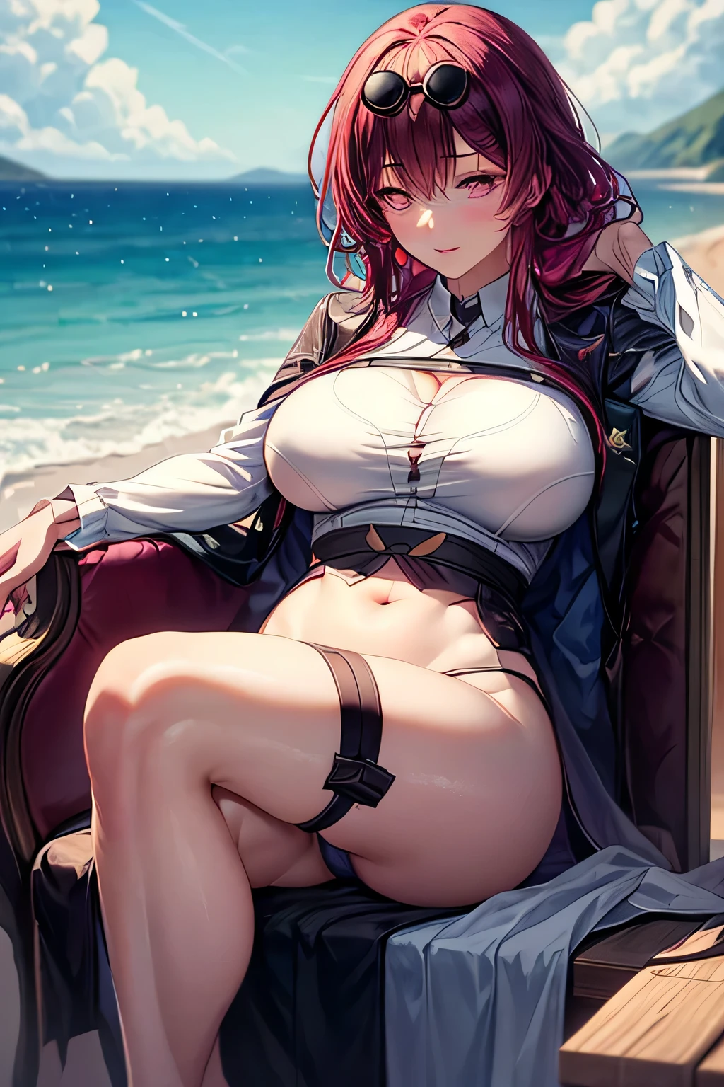 (Enrich your images,Masterpiece-level quality)Beautiful artwork CG 8K,Posture of the Goddess,Sitting on the river,Postural exercises,Slim and smooth,Translucent skin,redhair、Extra long-haired beauty, Super long straight hair,The skin is transparent and juicy,big breast uniform underwear,Outlook Part 1.2x Enhanced silhouette effect,Exquisite transparent blues pattern on pajamas,The details are intricate and exquisite,background slightly blurred,Temptation of attractive and voracious feet,dribbling,J Cup Big,red blush,goddess of Japan,perfect body and slim curves,Scene by the Sea,