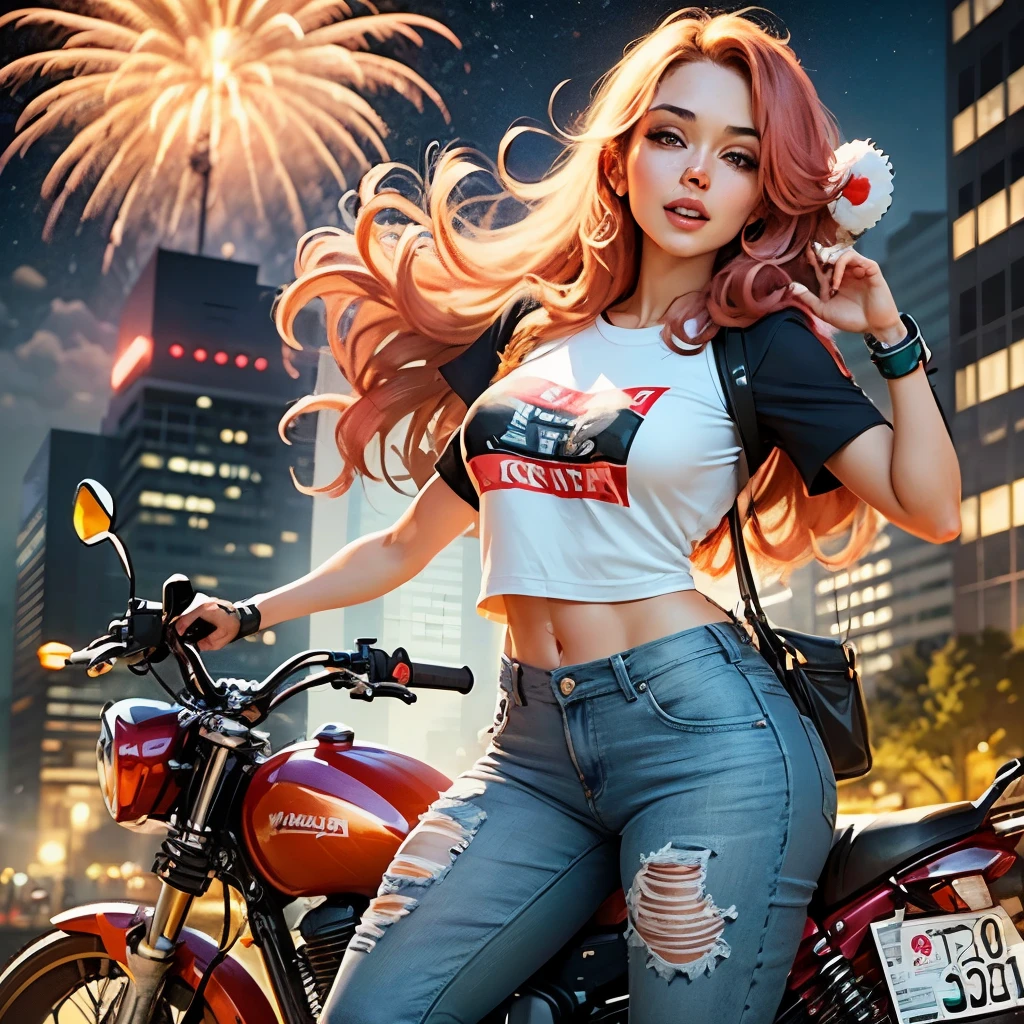 Depict a vibrant illustration for a Happy New Year card that features a red-haired woman sitting stylishly atop a sports bike. She is dressed in elegant jeans and a t-shirt that has the word 'kabulosos' written in a flashy way.. A cena transmite uma energia contagiante de aventura e entusiasmo, with the woman ready to accelerate towards the new year with confidence and attitude. The surrounding atmosphere should reflect the celebration of New Year's Eve, with colorful fireworks and festive elements in the background. Capturing the festive spirit and determination to face the new year with style and positivity is essential. --auto --s2