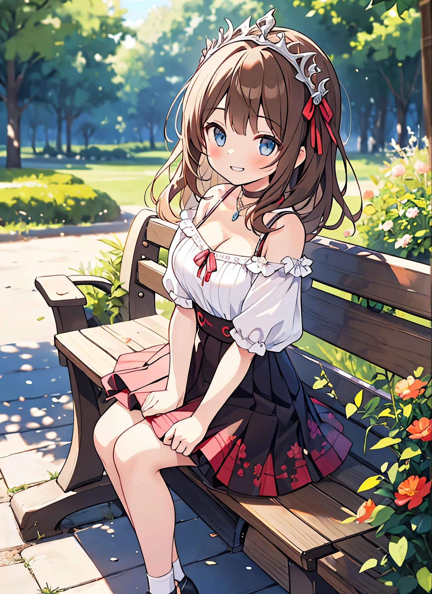 1 girl, Alone, ssmile, sitted, has cleavage, shoulder cutout, woven, a skirt, Brown hair, eBlue eyes, side woven, Be red in the face, long whitr hair, benches, grinning smile, Outdoor activities, white a skirt, jewely, Clothing cutting, By bangs, choker necklace, Floral, fuzzy, (leglurry background between hands, , the bow, facing to audience, , of shoulders, sun has cleavage, straw has cleavage, daysies, 鎖骨, hair the bow, short- sleeved, The foot extends beyond the frame, ribbons, Brown tiara, on benches, depth of fields, park benches, ^_^, Hair over the shoulder, From the side Side, looking at viewert,