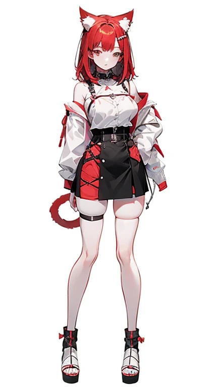 Anime girl with red hair and cat ears wearing a short skirt, Full body portrait of a short!, small curvy loli, outfit design, !!Full body portrait!!, Full body details, pale snow-white skin, whole body highly detailed, Full body illustration, female outfit, Full body adoptable, Full body!, Full body with costume, highly detailed Full body