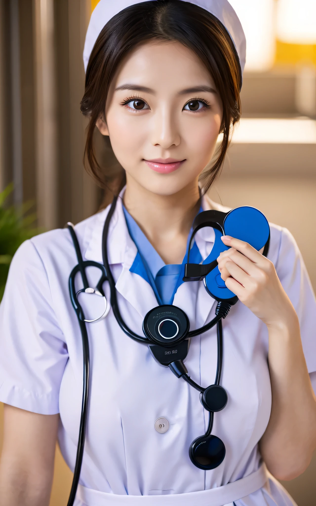 masterpiece,An ultra-high picture quality,The ultra -The high-definition,hightquality,Clear skin,real looking skin,A Japanese Lady,gorgeous woman,cute little,modeled,Beautie,Beautuful Women,Big breasts,in her 20s,Looking at the camera,Deep shading, young sensual graceful, goddess of Japan,hospitals,Nurse,Nurse's outfit,Cosplay,stethoscope,、