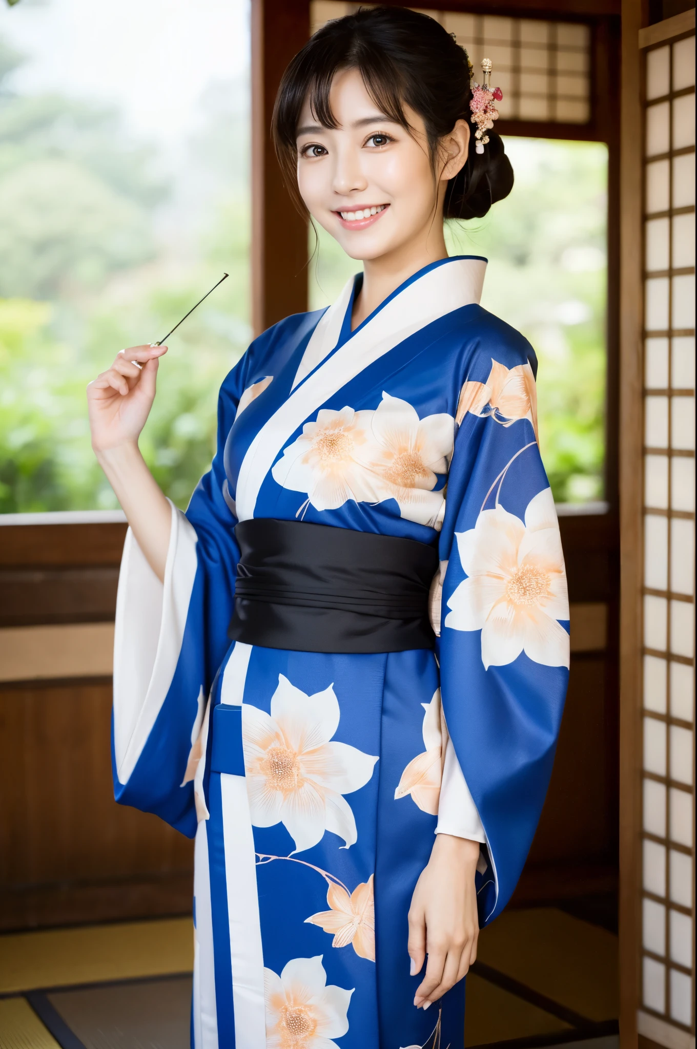 face is :9,1449314384], ulzzang -6500-v1.1, (Raw photo:1.2), (Photorealsitic), Beautiful mature woman VN01, Beautiful detailed, (Real: 1.4), ighly detailedな目と顔, beatiful detailed eyes,  (Japan kimono、Elegant Japanese pattern kimono)、full body Esbian、 (Very affectionate smile:1.2)、huge filesize, hight resolution, ighly detailed, top-quality, [​masterpiece:1.6], illustratio, ighly detailed, nffsw, finely detail, top-quality, 8k wallpaper, Cinematographic lighting, 1 milf, 37 years old, perfect body type, cute droopy eyes beautiful big eyes、Pieckfinger, ((masutepiece)), Best Quality, 1 milf, eye shadow, Upper body, Portrait, ((FULL BODYSHOT:1.6))、