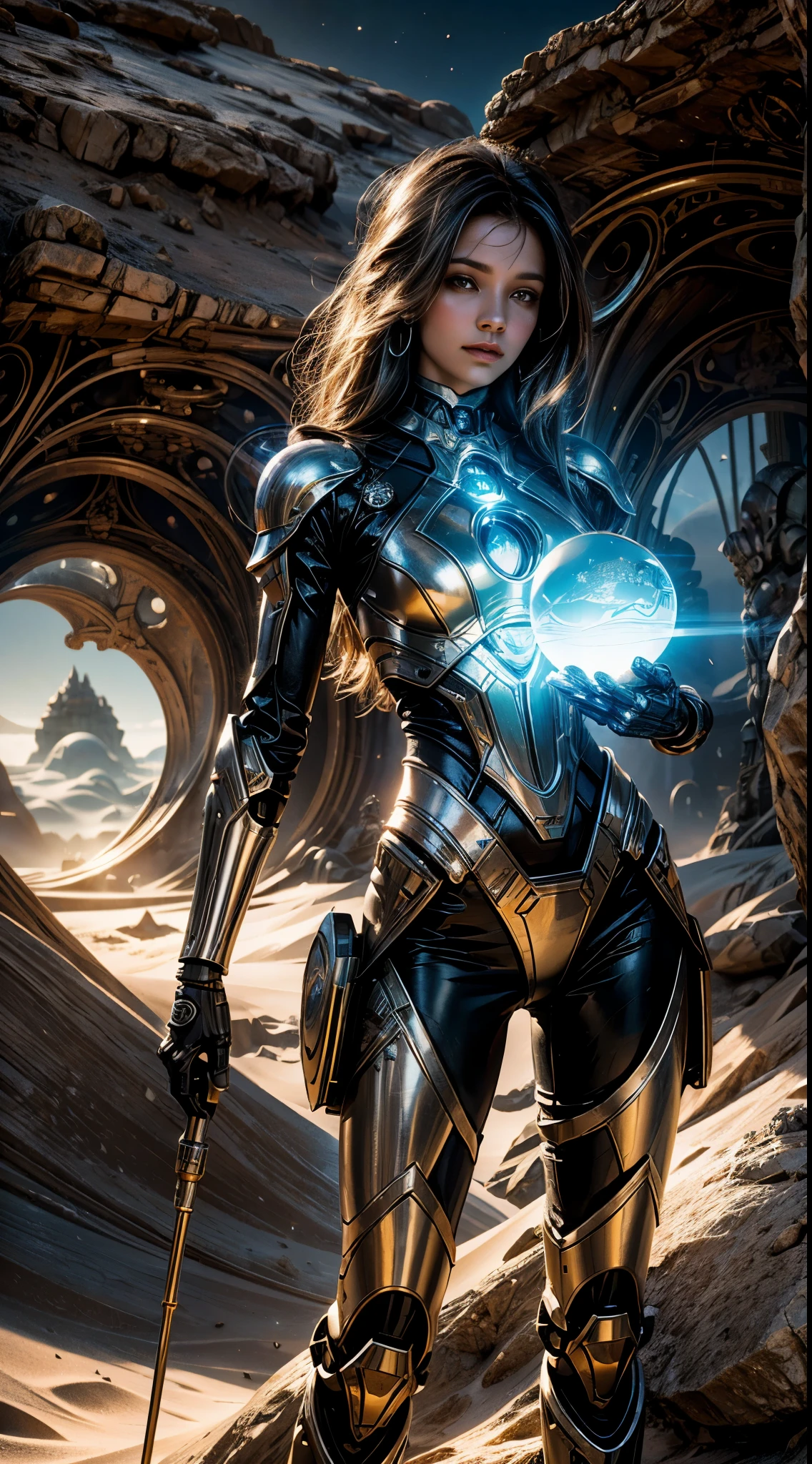 "((Mystical)) glass ball held by a Gorgeous girl in a robot dunes environment, (fantasy) setting, soft sunlight, best quality, high resolution, detailed, ((ethereal atmosphere)), (whimsical composition)."