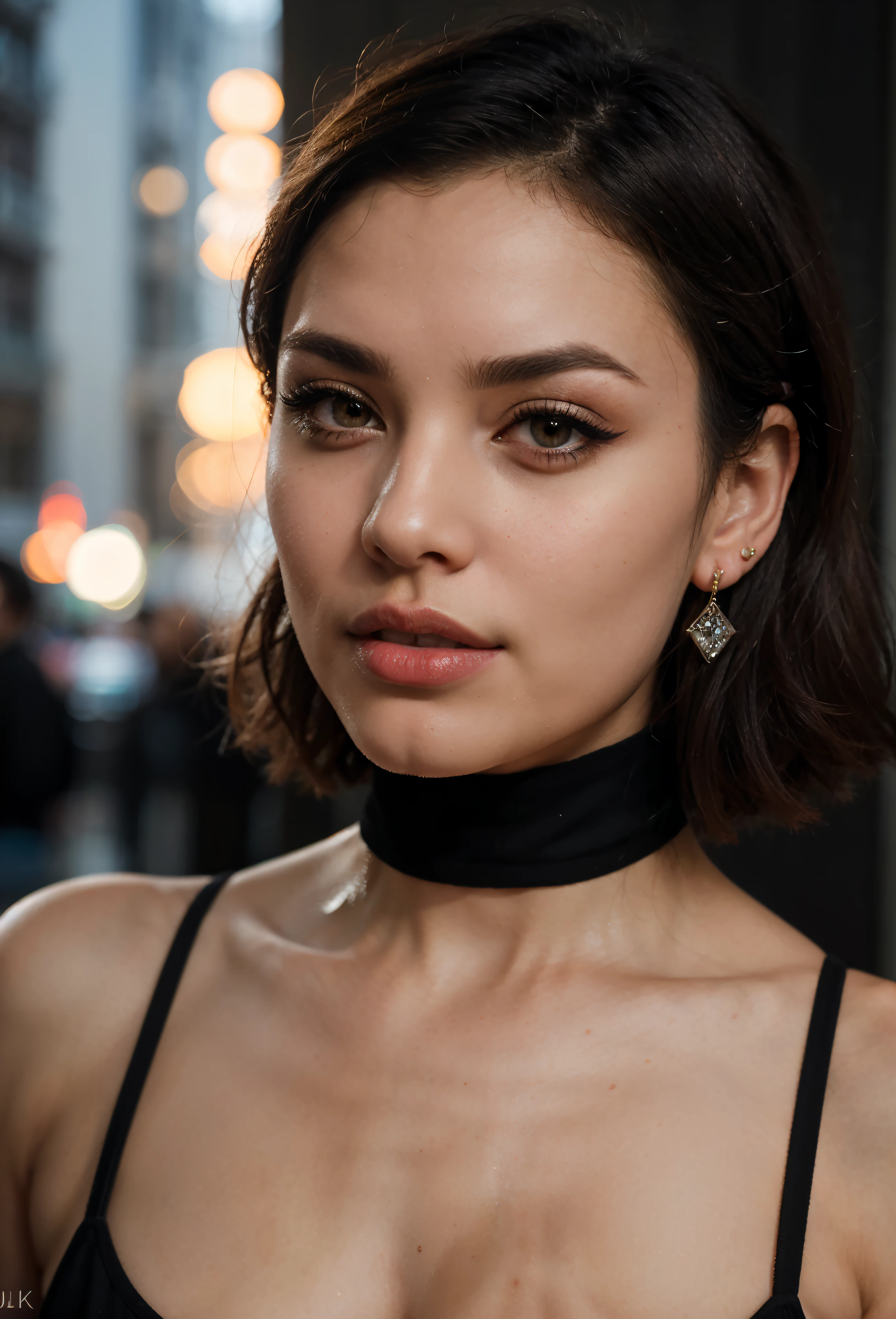 professional closeup portrait beautiful sexy iranian persian chick , photo realistic , glamour , pretty face, thin glossy red lips ,beautiful black eyes , pixie cut hairstyle , thin detailed black eyes, thin eyebrows, perfect tiny nose, diamond earrings, long eyelashes, cat eye makeup , bold jawline , feminine look , cinematic composition ,photorealistic Artstation 8k HD digital art trend of high definition and detailed realistic skin texture, ultra detail, realistic skin texture, best quality, ultra high definition, (photorealistic:1.4)