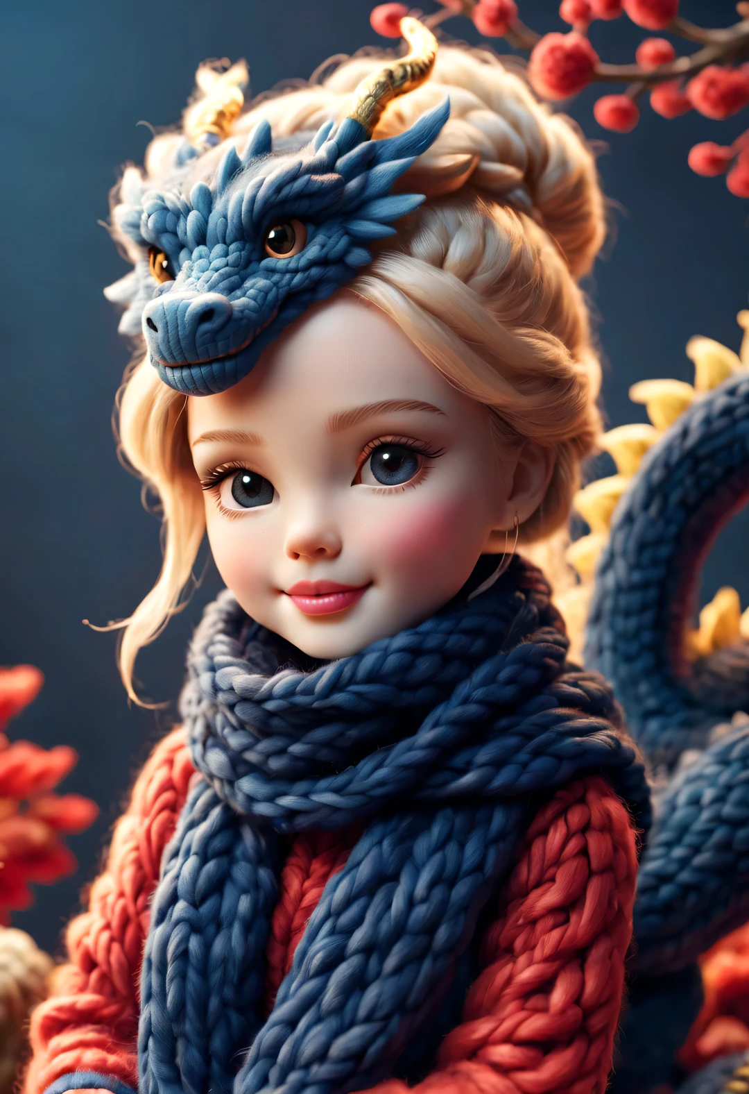 (Plush toy design),Smiling cute Chinese dragon baby and barbie doll,(wool craft),(Fluffy:0.68) ,Winter high-end gorgeous fashion Chinese style sweater scarf, Cute 3d rendering,Background with:Dark navy and fiery red,golden colored,Cute and detailed digital art,Miniature feeling,stylized 3d render,3d rendered figure art 8k,lovely digital painting,Anime style 3D,Ultra-detailed rendering