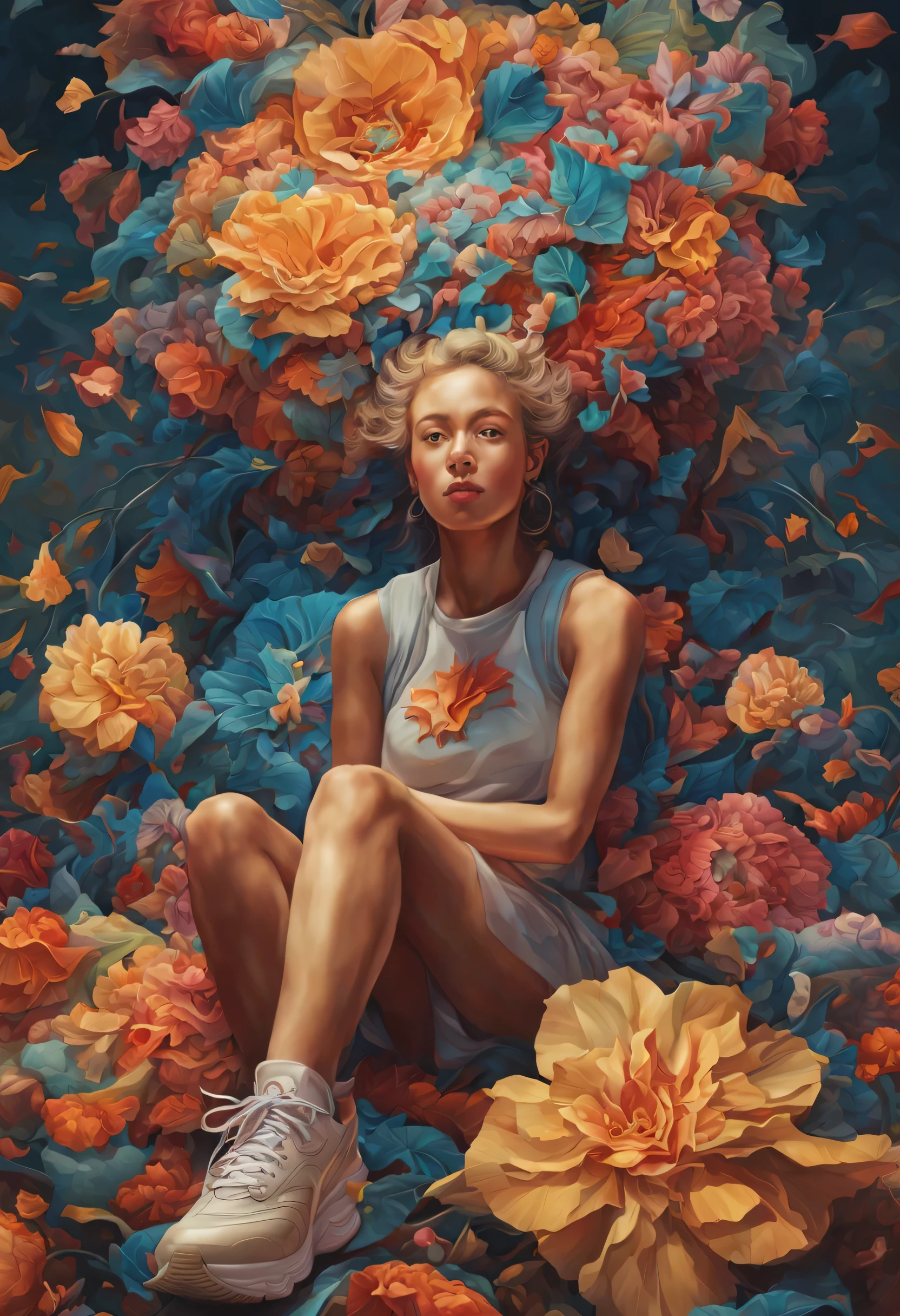 a stunning interpretation of nike shoe sneaker made of petals, advertsiement, solarpunk, highly detailed and intricate, golden ratio, very colorful, hypermaximalist, ornate, luxury, elite, good vibes, oil painting, cinematic, cgsociety, James jean, Brian froud, ross tran