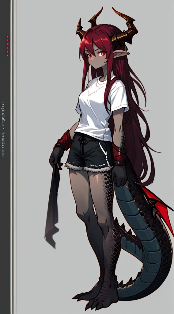 (dragon), The woman, antrum, 1girl, delicate body, shapely body, long body, Skinny, Extruded, long hair with red and black tones, Horns, dragon Horns, Anime style, hiquality, Best Quality, peeling of the skin, realistic style, scales, dark scales, leg with scales on thigh, arms with scales, face with scales, grey skin, flaky skin, Textured scale, closed clothing, baggy shorts, white baggy t-shirt,
