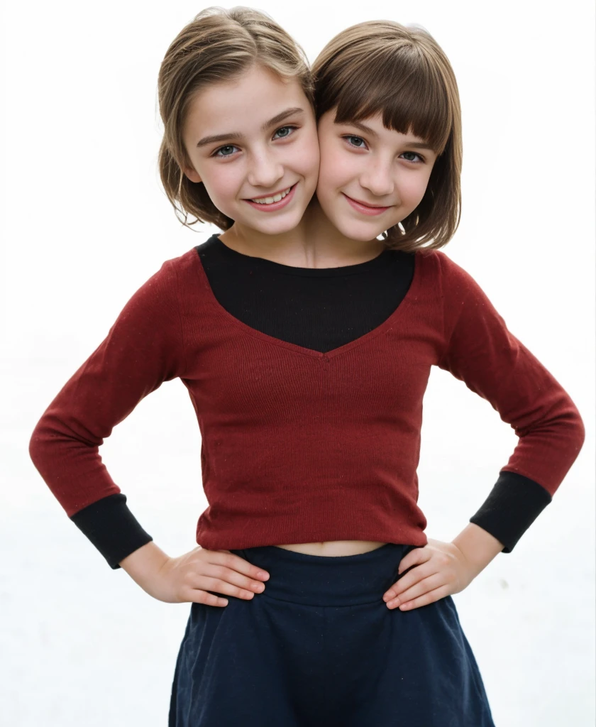 2heads, two headed girl, (a 7 year old childa 16 year old girl:1.5), (a brunette and a redhead:1.2)