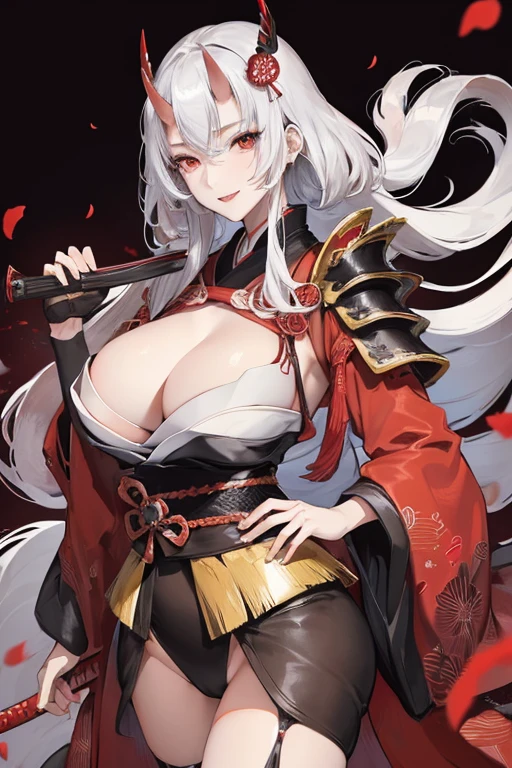 Official art, masutepiece, Beautiful gorgeous cute Japanese woman with sharp focus:1.3), (Beautiful cute Japan woman:1.3), Delicate Beautiful Hair and Eyes and Face, Realistic, Ultra-detailed, Beautiful Girl, Night, An ancient Japan town, bonfire, Red petals, Nice big and big hips, Smile with teeth, (Smile with eyes, open both eyes), Scenery, Long straight hair, sexy facial expression, Dynamic Hair, Detailed platinum silver hair, Red Japanese style armor, (red horns), dark backgrounds, (holding samurai sword), Red Eyes, (Walking), soldier