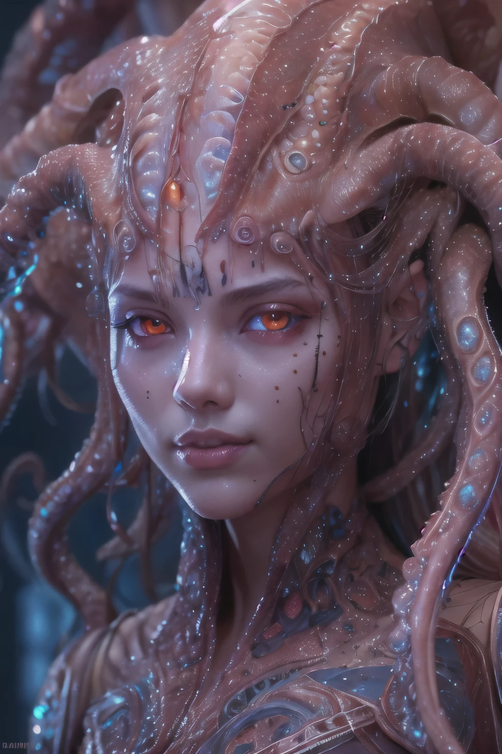 Portrait, (beautiful female alien:1.2),  (she has red eyes with no pupils:1.8), (Translucent skin:1.7),  (There is a female genital-like organ in the middle of the forehead:1.9), (The most beautiful face in the history of the universe:1.2),an evil gaze that seduces, (large mouth:1.1), (sharp teeth like a vampire:1.2), Full body like, (bio luminescent:1.5), (Smile wickedly:1.3),  (sexypose:1.5), alien, No humans, cells are fused, (Lots of translucent tentacles:1.3) extraterrestrial, cell, bio image, Best Quality, 8K,4K_quality, High Definition, Dramatic Lighting, masutepiece:1.5,cinematic quality, detail up, (Intricate details:1.2), High resolution, High Definition, drawing faithfully, (Thick eyebrows:1.2), Beautiful eyes with fine symmetry,(Highly detailed face and eyes:1.2), Intimate face, (Super detailed skin quality feeling:1.4), Perfect ???????,  (Beautiful toned body:1.5),  (Moist skin:1.2), No makeup, (dark circles:1.1), long canines, cinematic drawing of characters, ultra high quality model, cinematic quality, detail up, (Intricate details:1.2), High resolution, High Definition, drawing faithfully, Official art, Unity 8K wall  , 8K Portrait, Best Quality, Very High resolution, ultra detailed artistic photography, midnight aura,  unreal enginee 5, Ultra Sharp Focus, art by alberto seveso, ArtGerm, Roisch, intricate artwork, best quality, masutepiece, ultra High resolution, (photos realistic:1.4), Ultra-realistic realism, dream-like,  nautilus, Creation of fantasy, Snail, Dream Snail,  biopunk nautilus, Thrilling color schemes， Ultra-realistic realism， seductively smiling, Blue tentacles,