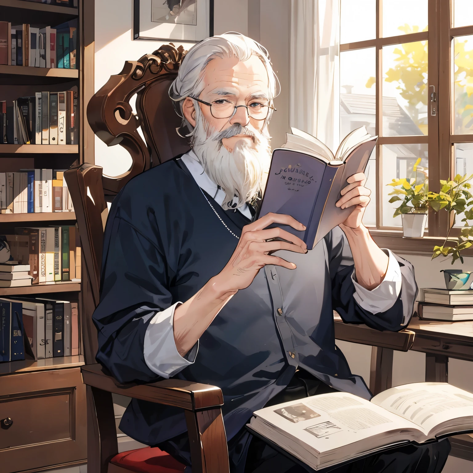 an elderly man, with a long white beard, sitting on a wooden chair, glasses on his face, reading a book