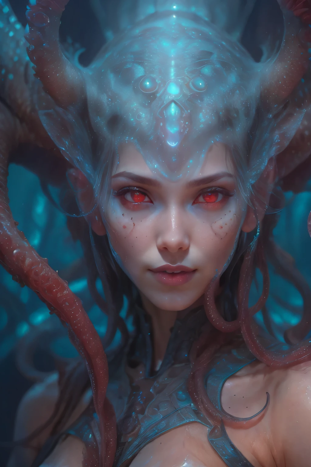 Portrait, (beautiful female alien:1.2),  (she has red eyes with no pupils:1.8), (Translucent skin:1.7),  (There is a female genital-like organ in the middle of the forehead:1.9), (The most beautiful face in the history of the universe:1.2),an evil gaze that seduces, (large mouth:1.1), (sharp teeth like a vampire:1.2), Full body like, (bio luminescent:1.5), (Smile wickedly:1.3),  (sexypose:1.5), alien, No humans, cells are fused, (Lots of translucent tentacles:1.3) extraterrestrial, cell, bio image, Best Quality, 8K,4K_quality, High Definition, Dramatic Lighting, masutepiece:1.5,cinematic quality, detail up, (Intricate details:1.2), High resolution, High Definition, drawing faithfully, (Thick eyebrows:1.2), Beautiful eyes with fine symmetry,(Highly detailed face and eyes:1.2), Intimate face, (Super detailed skin quality feeling:1.4), Perfect Anatomy,  (Beautiful toned body:1.5),  (Moist skin:1.2), No makeup, (dark circles:1.1), long canines, cinematic drawing of characters, ultra high quality model, cinematic quality, detail up, (Intricate details:1.2), High resolution, High Definition, drawing faithfully, Official art, Unity 8K wall  , 8K Portrait, Best Quality, Very High resolution, ultra detailed artistic photography, midnight aura,  unreal enginee 5, Ultra Sharp Focus, art by alberto seveso, ArtGerm, Roisch, intricate artwork, best quality, masutepiece, ultra High resolution, (photos realistic:1.4), Ultra-realistic realism, dream-like,  nautilus, Creation of fantasy, Snail, Dream Snail,  biopunk nautilus, Thrilling color schemes， Ultra-realistic realism， seductively smiling, Blue tentacles,