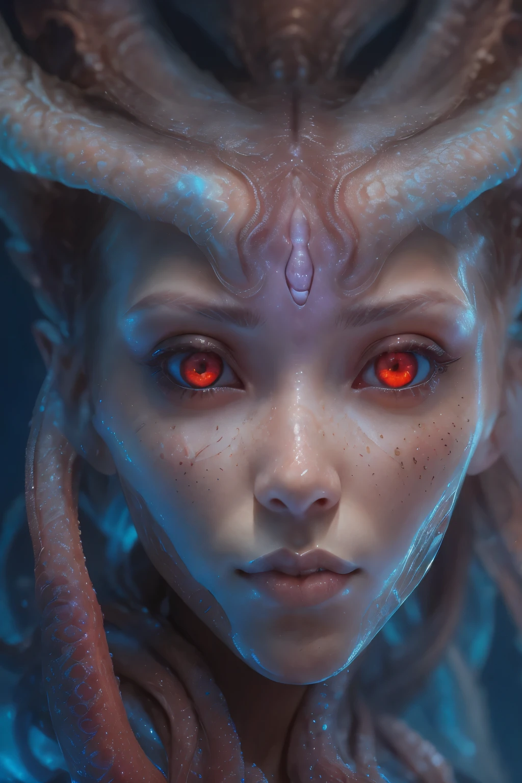 Portrait, (beautiful female alien:1.2), (she has red eyes with no pupils:1.8), (Translucent skin:1.7), (There is a female genital-like organ in the middle of the forehead:1.9), (The most beautiful face in the history of the universe:1.2),an evil gaze that seduces, (large mouth:1.1), (sharp teeth like a vampire:1.2), Full body like, (bio luminescent:1.5), (Smile wickedly:1.3), (sexypose:1.5), alien, No humans, cells are fused, (Lots of translucent tentacles:1.3) extraterrestrial, cell, bio image, Best Quality, 8K,4K_quality, High Definition, Dramatic Lighting, masutepiece:1.5,cinematic quality, detail up, (Intricate details:1.2), High resolution, High Definition, drawing faithfully, (Thick eyebrows:1.2), Beautiful eyes with fine symmetry,(Highly detailed face and eyes:1.2), Intimate face, (Super detailed skin quality feeling:1.4), Perfect Anatomy, (Beautiful toned body:1.5), (Moist skin:1.2), No makeup, (dark circles:1.1), long canines, cinematic drawing of characters, ultra high quality model, cinematic quality, detail up, (Intricate details:1.2), High resolution, High Definition, drawing faithfully, Official art, Unity 8K wall , 8K Portrait, Best Quality, Very High resolution, ultra detailed artistic photography, midnight aura, unreal enginee 5, Ultra Sharp Focus, art by alberto seveso, ArtGerm, Roisch, intricate artwork, best quality, masutepiece, ultra High resolution, (photos realistic:1.4), Ultra-realistic realism, dream-like, nautilus, Creation of fantasy, Snail, Dream Snail, biopunk nautilus, Thrilling color schemes, Ultra-realistic realism, seductively smiling, Blue tentacles,