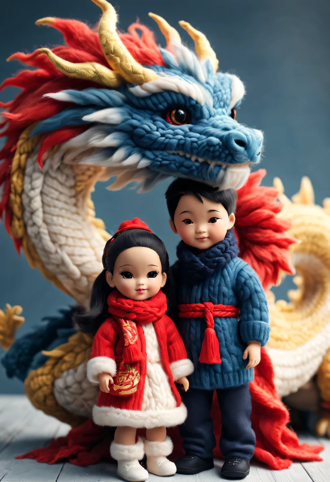 （Plush toy design），Smiling cute Chinese dragon baby and barbie doll，（wool craft），（Fluffy：0.68） ，Winter high-end gorgeous fashion Chinese style sweater scarf， Cute 3d rendering，Background with：Dark navy and fiery red，golden colored，Cute and detailed digital art，Miniature feeling，stylized 3d render，3d rendered figure art 8k，lovely digital painting，Anime style 3D，Ultra-detailed rendering