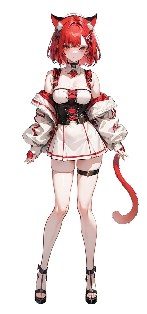 Anime girl with red hair and cat ears wearing a short skirt, Full body portrait of a short!, small curvy , outfit design, !!Full body portrait!!, Full body details, pale snow-white skin, whole body highly detailed, Full body illustration, female outfit, Full body adoptable, Full body!, Full body with costume, highly detailed Full body