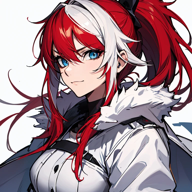 (absurdres, 8k, 4k, masterpiece, hyper extreme detailed:1.2), solo, 1girl, front view, perfect face, 1girl, portrait, expressive eyes, solo, perfect ???????, blue eyes, goddess, female, medium boobs, white clothes, fur coat, (red hair), (white hair locks), (messy hair), (medium ponytail), long red hair, windy, serious, ((not smile)), ((serious expression))