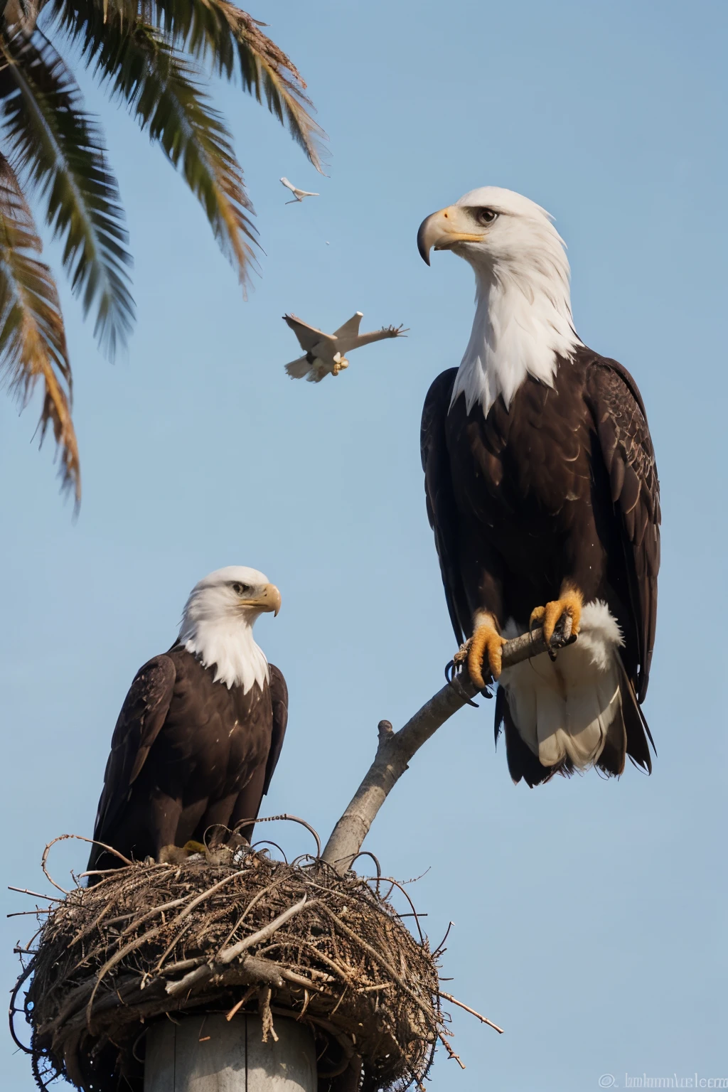 Tropical bird building an eagles nest while the bald eagle watches.