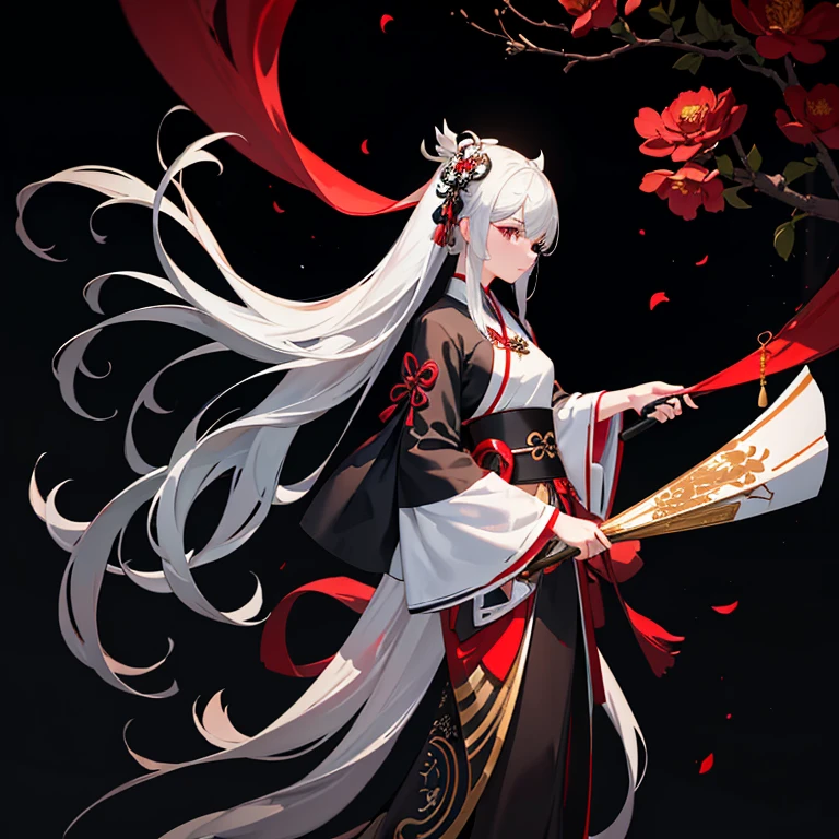 quadratic element, Ancient style, girl, a person, In a black Chinese mansion, silver-white long hair, Black Hanfu, Holding a red umbrella, A landscape with some flowers on the other side, Full body portrait, Exquisiteface, Best Quality, masutepiece, 8K Wallpaper, Light and shadow rendering