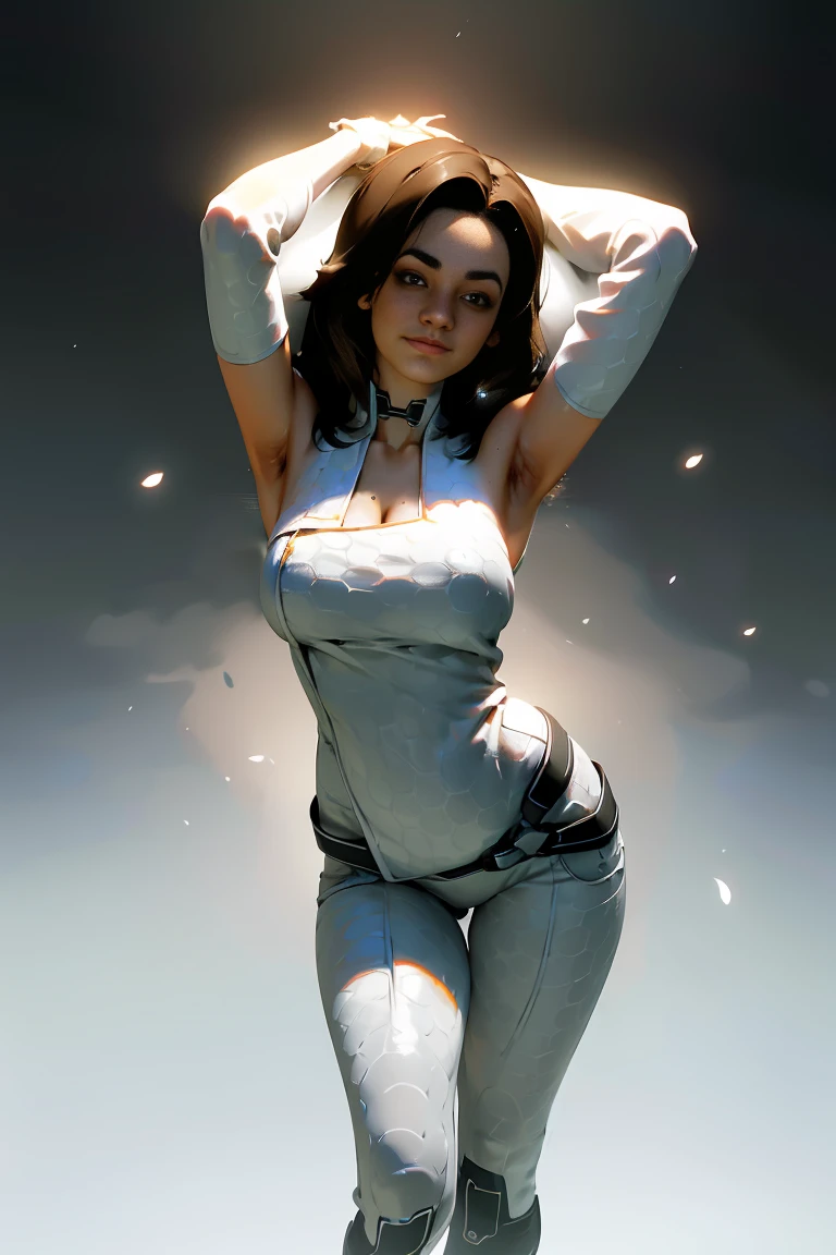 standing, hands behind head, armpit, hairy armpit, ⁹ medium breasts, best quality, masterpiece, illustration, very delicate and beautiful, very detailed skin, CG, Unity, 8K wallpapers, amazing, fine detail, highly detailed CG Unity 8K wallpapers, huge file size, high resolution, handsome detailed woman, very detailed eyes and face, Stunning detailed eyes, light on the face, (Best illustration: 1.1), (best shadow: 1.1), ultra high resolution, (photorealistic: 1.1), (photorealistic 1.2:1.1), realistic face proportions,slim,smile,(fluffy black eyes: 1.21), black eyes, looking at the viewer, dark brown hair, earrings, necklaces, hairpins, full body shots, (irregular skin imperfections,veins,moles,skin wrinkles,pores: 1.2),