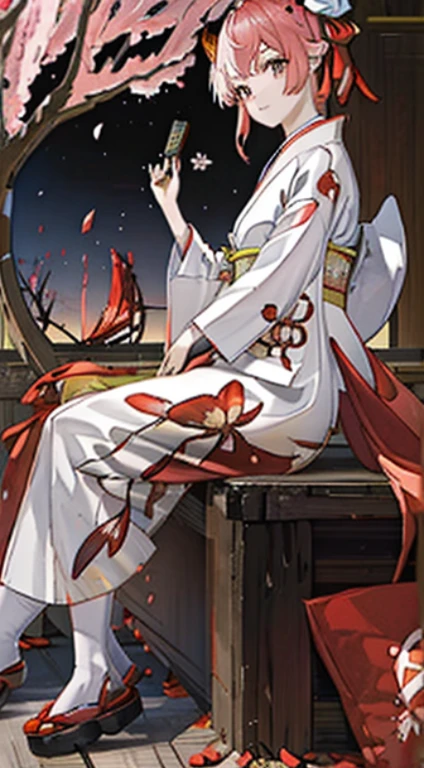 (of the highest quality,Ink painting style,Fresh and elegant, Clear lake water,Sunset cherry blossoms fall,Girl in white kimono,Foldable fan in hand,Breeze in the wind,Tree-lined forest,Cheerful birdsong,Poetic scene)