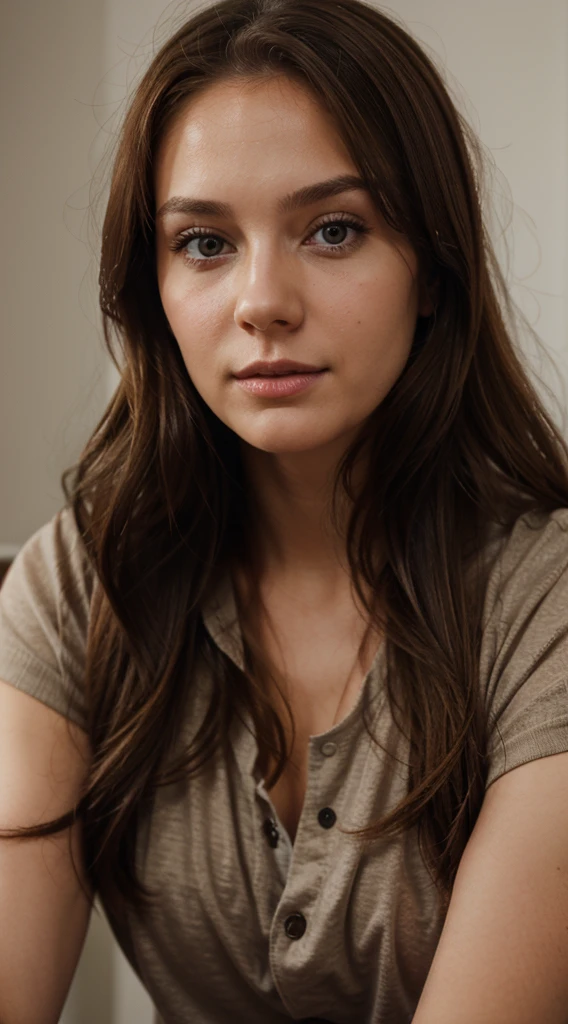 a girl of Slavic appearance with light brown hair, about 25-30 years old, wearing makeup