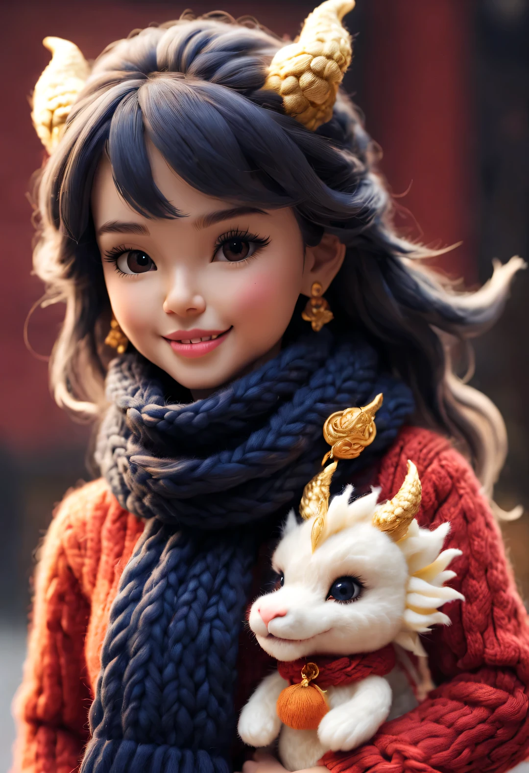 （Plush toy design），Smiling cute Chinese dragon baby and barbie doll，（wool craft），（Fluffy：0.68） ，Gorgeous and fashionable Chinese style sweater scarf in winter， Cute 3d rendering，Background with：Dark navy and fiery red，golden colored，Cute and detailed digital art，Miniature feeling，stylized 3d render，3d rendered figure art 8k，lovely digital painting，Anime style 3D，Ultra-detailed rendering
