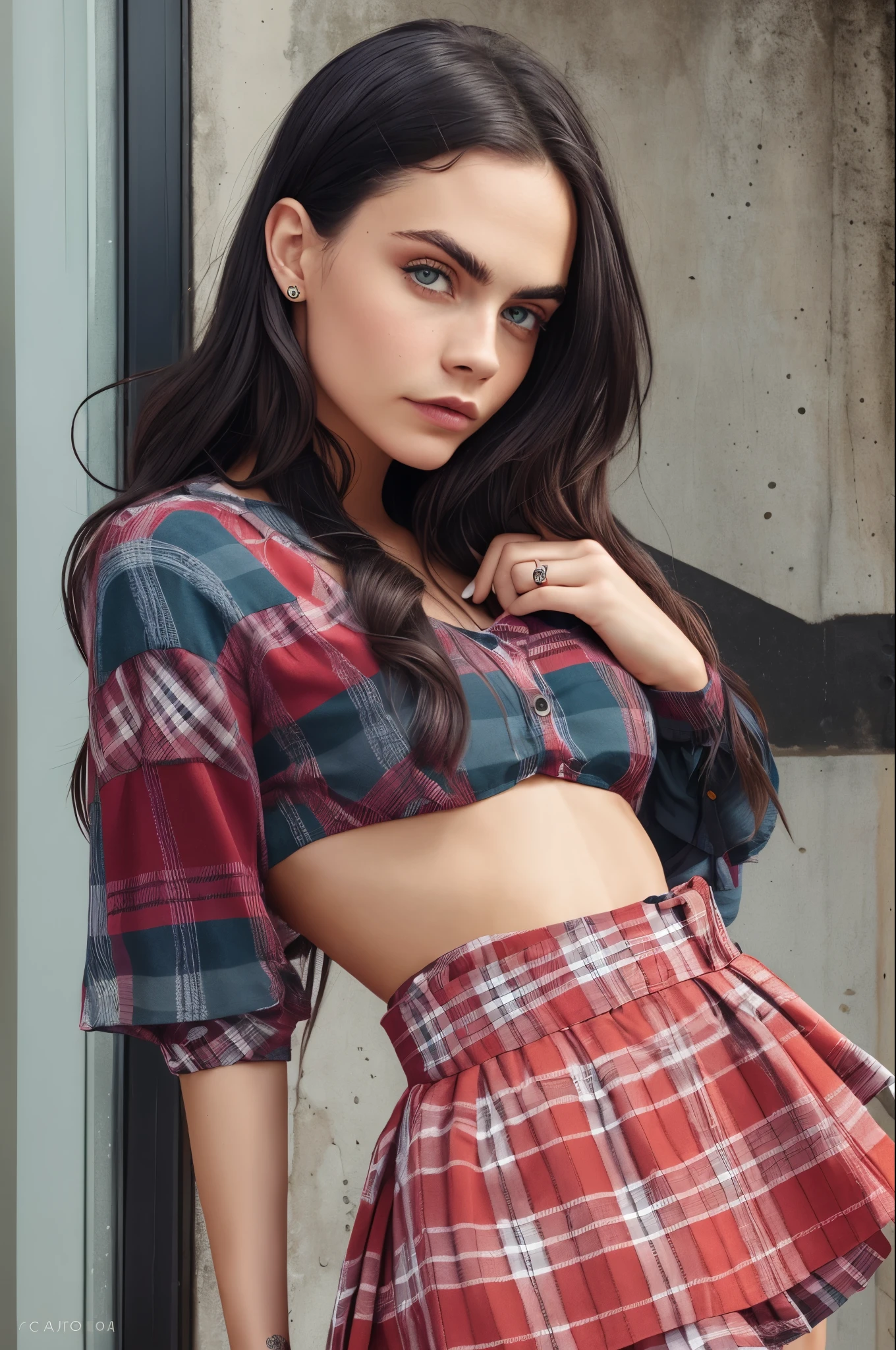 Black and white photo, cara Delevingne, colourpop (red plaid skirt) , looking sideways --auto --s2