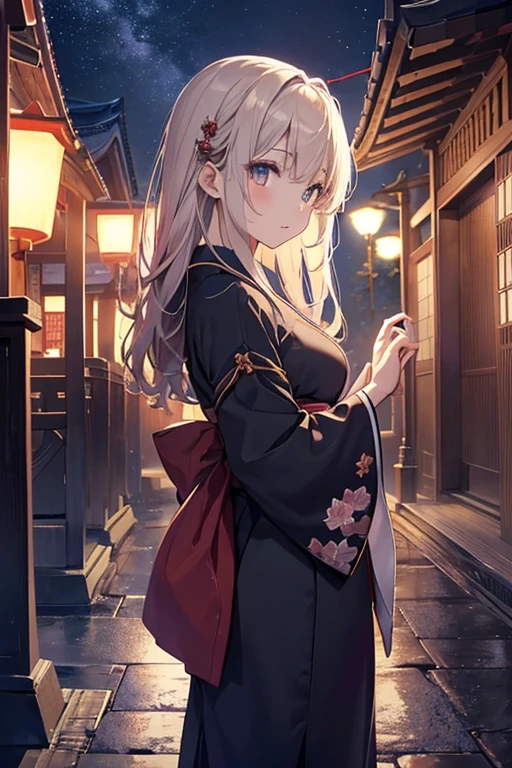 (Official art、Best Quality、Unity 8k Wallpapers、32K、​masterpiece、ultra-detailliert、超A high resolution、realisitic、Photorealsitic:1.2)、(Cinematic lighting:1.2)、Fireglow effect、The grainiest shadow of the film、Rim lighting、side lights、(ultra-detailliertで複雑な3Dレンダリング)、Detailed beautiful face and eyes、A slender、Medium bust、(Full body:1.2)、(sideshot、Looking away:1.2)、(Mystical、moonlights)、Highly detailed background、beauitful face、a beauty girl、(ultra-detailliertなスキン、detailed skin textures:1.3)、Japan garden、cowboy  shot、Tree with red leaves on tower background々, Japan at night, japan sightseeing, japan deeper travel exploration, japanese temples, pagoda, during night!!, set at night, during night!, けもの, Vivid!!, japanese city at night, full - view, ancient japanese architecture, by Torii Kiyomasu II, november, kyoto japan setting