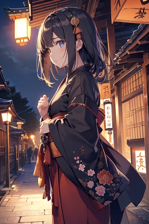 (Official art、Best Quality、Unity 8k Wallpapers、32K、masterpiece、ultra-detailliert、超A high resolution、realisitic、Photorealsitic:1.2)、(Cinematic lighting:1.2)、Fireglow effect、The grainiest shadow of the film、Rim lighting、side lights、(ultra-detailliertで複雑な3Dレンダリング)、Detailed beautiful face and eyes、A slender、Medium bust、(Full body:1.2)、(sideshot、Looking away:1.2)、(Mystical、moonlights)、Highly detailed background、beauitful face、a beauty girl、(ultra-detailliertなスキン、detailed skin textures:1.3)、Japan garden、cowboy shot、Tree with red leaves on tower background々, Japan at night, japan sightseeing, japan deeper travel exploration, japanese temples, pagoda, during night!!, set at night, during night!, けもの, Vivid!!, japanese city at night, full - view, ancient japanese architecture, by Torii Kiyomasu II, november, kyoto japan setting
