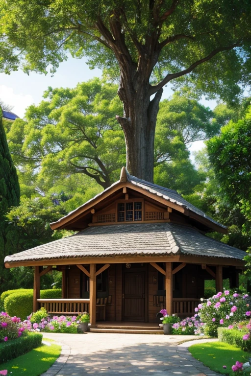 Wonderful garden, big tree, many flowers, traditional wood house, Atlantis paradise