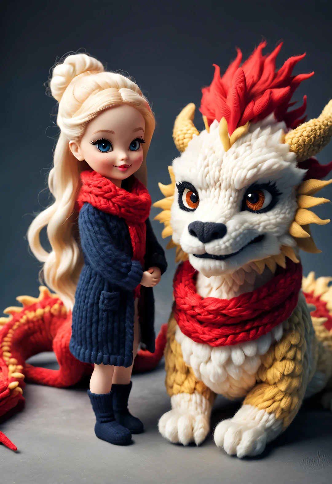 (Plush toy design),Smiling cute Chinese dragon and Barbie doll couple,(wool craft),(Fluffy:0.68) ,Winter high-end gorgeous fashion Chinese style sweater scarf, Cute 3d rendering,Background with:Dark navy and fiery red,golden colored,Cute and detailed digital art,Miniature feeling,stylized 3d render,3d rendered figure art 8k,lovely digital painting,Anime style 3D,Ultra-detailed rendering