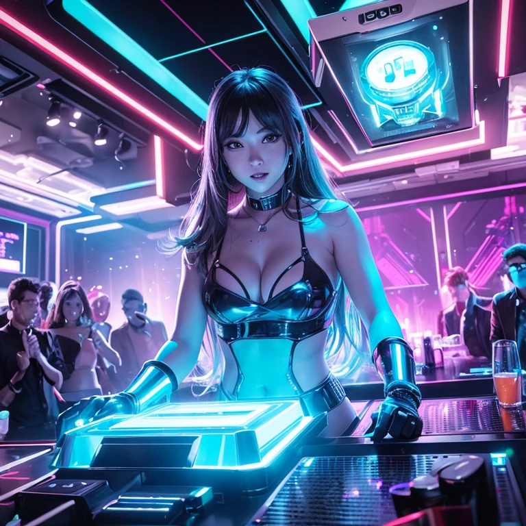 (best quality,4k,highres,masterpiece:1.2),ultra-detailed,realistic,disco,club scene, cybernetic disco, vibrant atmosphere, colorful lights, neon glow, energetic dancers, futuristic setting, lively music, pulsating beats, synchronized dance moves, DJ playing electronic music, mirror balls, lasers, smoke machines, people in stylish outfits, drinks being served, drinks with glowing ice cubes, glowing dance floor, robot bartender, serving drinks, high-tech bar, metallic textures, cyberpunk vibes, dynamic poses, happy expressions, joyful atmosphere, partying crowd, excitement, celebration, technologically advanced society