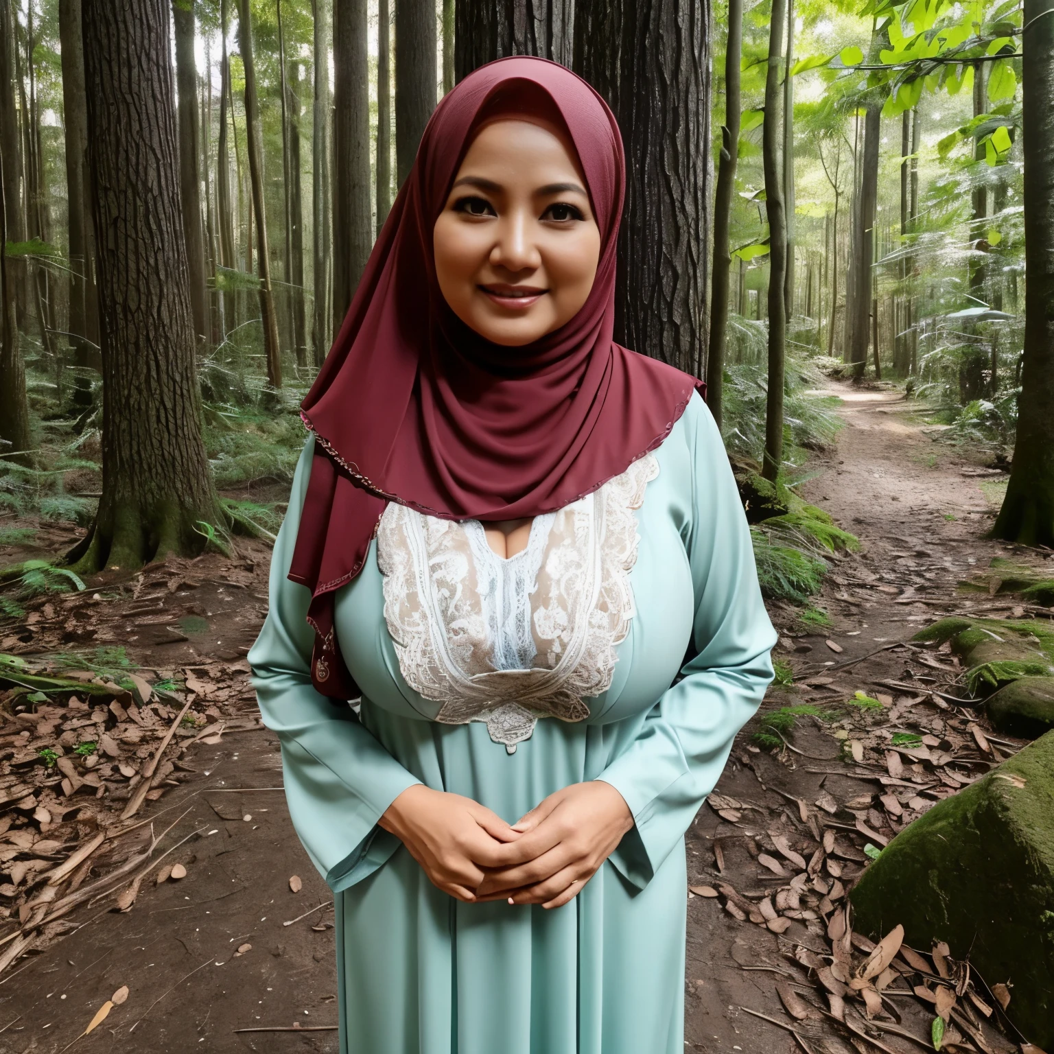 56 years old, Malaysian Hijab mature woman, Gamis, Huge natural breast : 98.6, Droopiest Breast, PP Cup breast, Full body, seductive Face, Seductive Smile, at forest