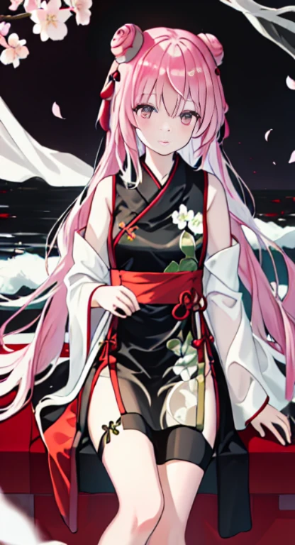 top-quality, Ink painting style, Fresh and elegant, Clear lake, orthofacial，Cute and shy，Cherry blossoms fall when the sun goes down，white color hair, Girl in black cheongsam with golden pattern, Ride the wind of flowers and blow your head away, Forest dotted with green leaves, Birds sing happily, Poetic scene