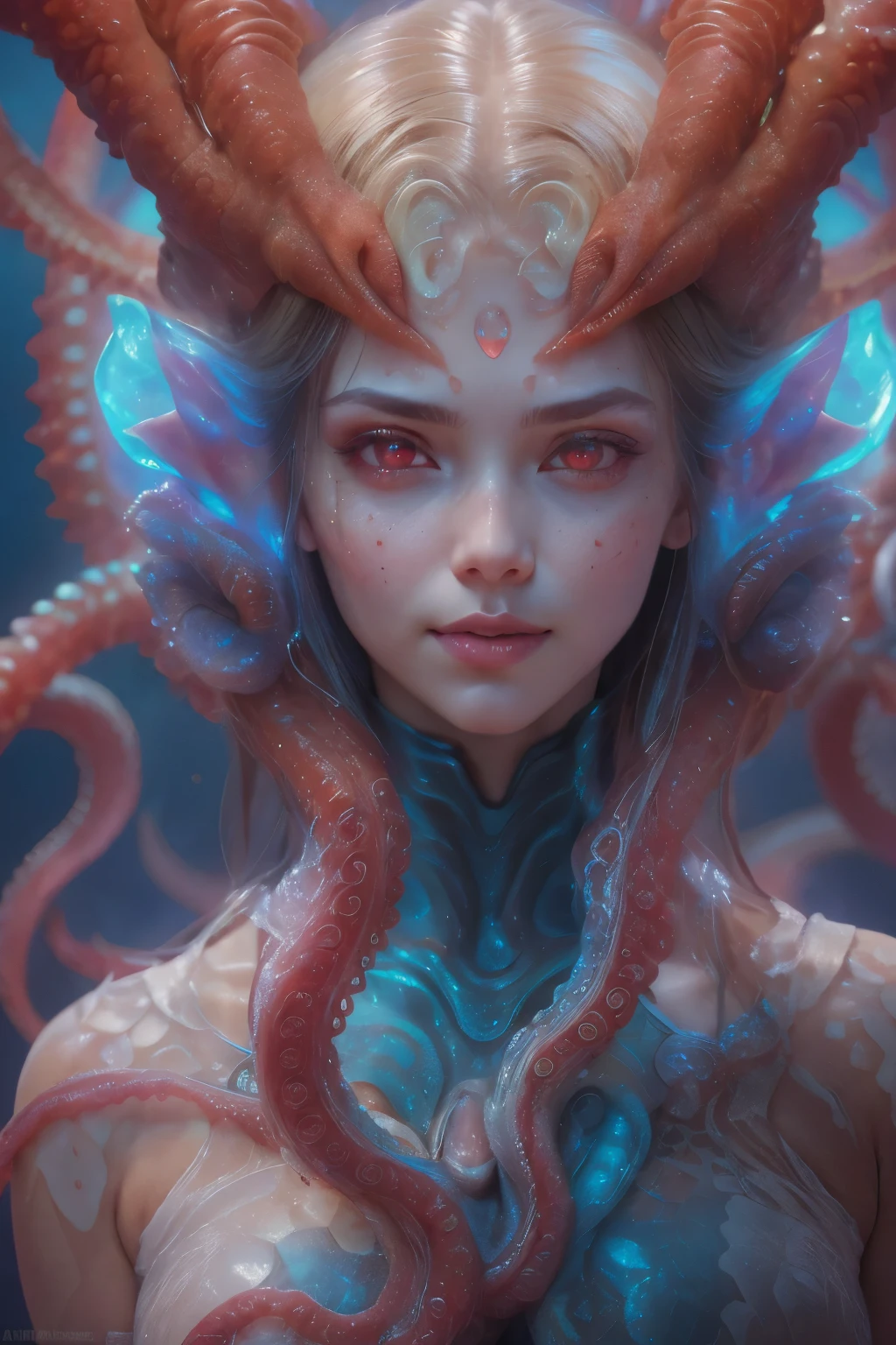 Portrait, (beautiful female alien:1.2),  (she has red eyes with no pupils:1.8), (Translucent skin:1.7),  (There is a female genital-like organ in the middle of the forehead:1.9), (The most beautiful face in the history of the universe:1.2),an evil gaze that seduces, (large mouth:1.1), (sharp teeth like a vampire:1.2), Full body like, (bio luminescent:1.5), (Smile wickedly:1.3),  (sexypose:1.5), alien, No humans, cells are fused, (Lots of translucent tentacles:1.3) extraterrestrial, cell, bio image, Best Quality, 8K,4K_quality, High Definition, Dramatic Lighting, masutepiece:1.5,cinematic quality, detail up, (Intricate details:1.2), High resolution, High Definition, drawing faithfully, (Thick eyebrows:1.2), Beautiful eyes with fine symmetry,(Highly detailed face and eyes:1.2), Intimate face, (Super detailed skin quality feeling:1.4), Perfect Anatomy,  (Beautiful toned body:1.5),  (Moist skin:1.2), No makeup, (dark circles:1.1), long canines, cinematic drawing of characters, ultra high quality model, cinematic quality, detail up, (Intricate details:1.2), High resolution, High Definition, drawing faithfully, Official art, Unity 8K wall  , 8K Portrait, Best Quality, Very High resolution, ultra detailed artistic photography, midnight aura,  unreal enginee 5, Ultra Sharp Focus, art by alberto seveso, ArtGerm, Roisch, intricate artwork, best quality, masutepiece, ultra High resolution, (photos realistic:1.4), Ultra-realistic realism, dream-like,  nautilus, Creation of fantasy, Snail, Dream Snail,  biopunk nautilus, Thrilling color schemes， Ultra-realistic realism， seductively smiling, Blue tentacles,