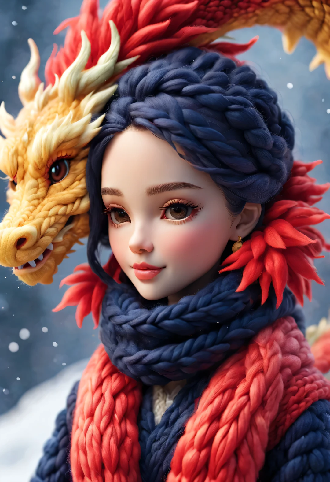 （Plush toy design），Smiling cute Chinese dragon  and Barbie doll couple，（wool craft），（Fluffy：0.68） ，Winter high-end gorgeous fashion Chinese style sweater scarf， Cute 3d rendering，Background with：Dark navy and fiery red，heavy snow ground，golden colored，Cute and detailed digital art，Miniature feeling，stylized 3d render，3d rendered figure art 8k，lovely digital painting，Anime style 3D，Ultra-detailed rendering