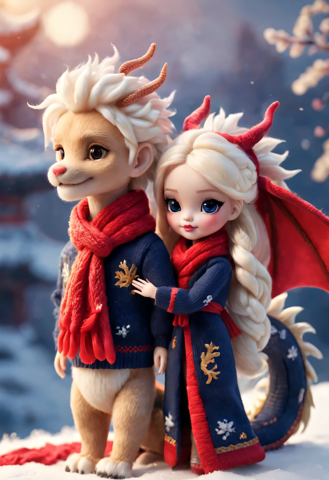 (Plush toy design),Smiling cute Chinese dragon baby and Barbie doll couple,(wool craft),(Fluffy:0.68) ,Winter high-end gorgeous fashion Chinese style sweater scarf, Cute 3d rendering,Background with:Dark navy and fiery red,heavy snow ground,golden colored,Cute and detailed digital art,Miniature feeling,stylized 3d render,3d rendered figure art 8k,lovely digital painting,Anime style 3D,Ultra-detailed rendering