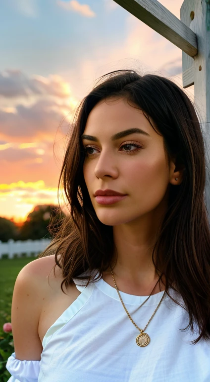 The sky is a magnificent sunset, In front of it is a row of white fences, The fence is covered with delicate roses, The colors of the roses are colorful, The whole picture is romantic, reality, high detail, Realism, chromatic aberration, chiaroscuro, UHD, masterpiece, ccurate, anatomically correct, super detail, high details, high quality, award winning, best quality, highres, 16k