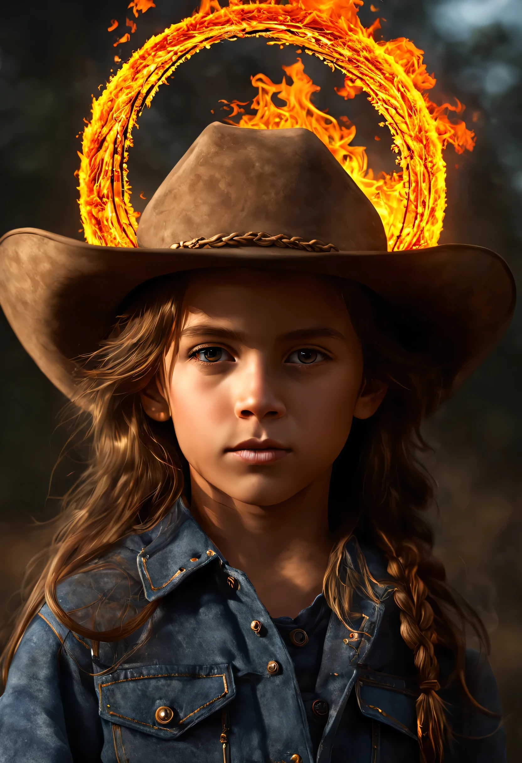 10 year old girl russian child, fechar para cima, retrato, com longos cabelos loiros, in a cowboy hat, The flames are burning in a circle shape, fogoso, icon with a halo of fire, Anel de fogo, bola de fogo, chama, um fogo laranja no fundo, homem, fire type, (fire), esfera preta de fogo, Firenado, Infero Flamejante, Inferno, tema fogo, fire, fogo do inferno, infernal, chamajante, derretido imagem arfed de uma bola de vidro com uma paisagem dentro, Arte 3D digital detalhada, tree of life inside the ball, Arte digital altamente detalhada em 4k, arte digital altamente detalhada, arte digital estilizada, pintura digital altamente detalhada, bola de vidro, pintura digital altamente detalhada, arte digital altamente detalhada, 3 d render bipe, 8k arte impressionante