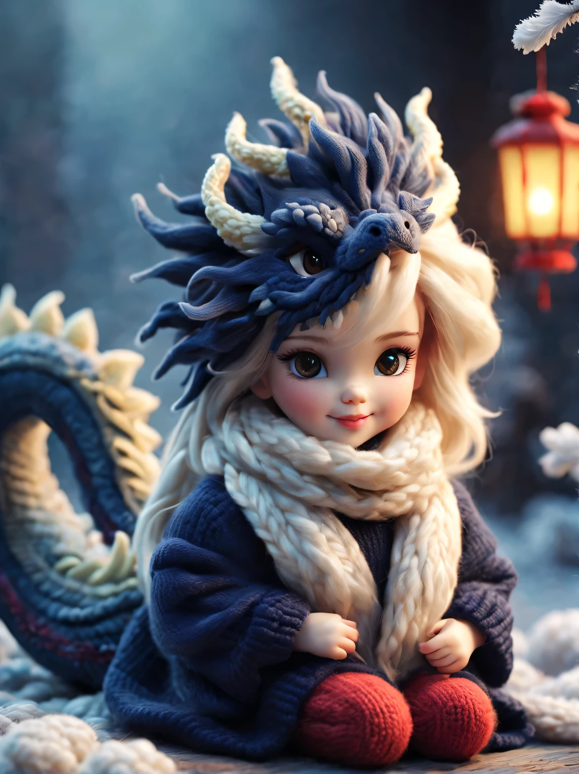 （Plush toy design），Smiling cute Chinese dragon baby and barbie doll，（wool craft），（Fluffy：0.68） ，Wearing beautiful light makeup，Gorgeous and fashionable Chinese style sweater scarf in winter， Cute 3d rendering，Background with：Dark navy and fiery red，golden colored，Cute and detailed digital art，Miniature feeling，stylized 3d render，3d rendered figure art 8k，lovely digital painting，Anime style 3D，Ultra-detailed rendering