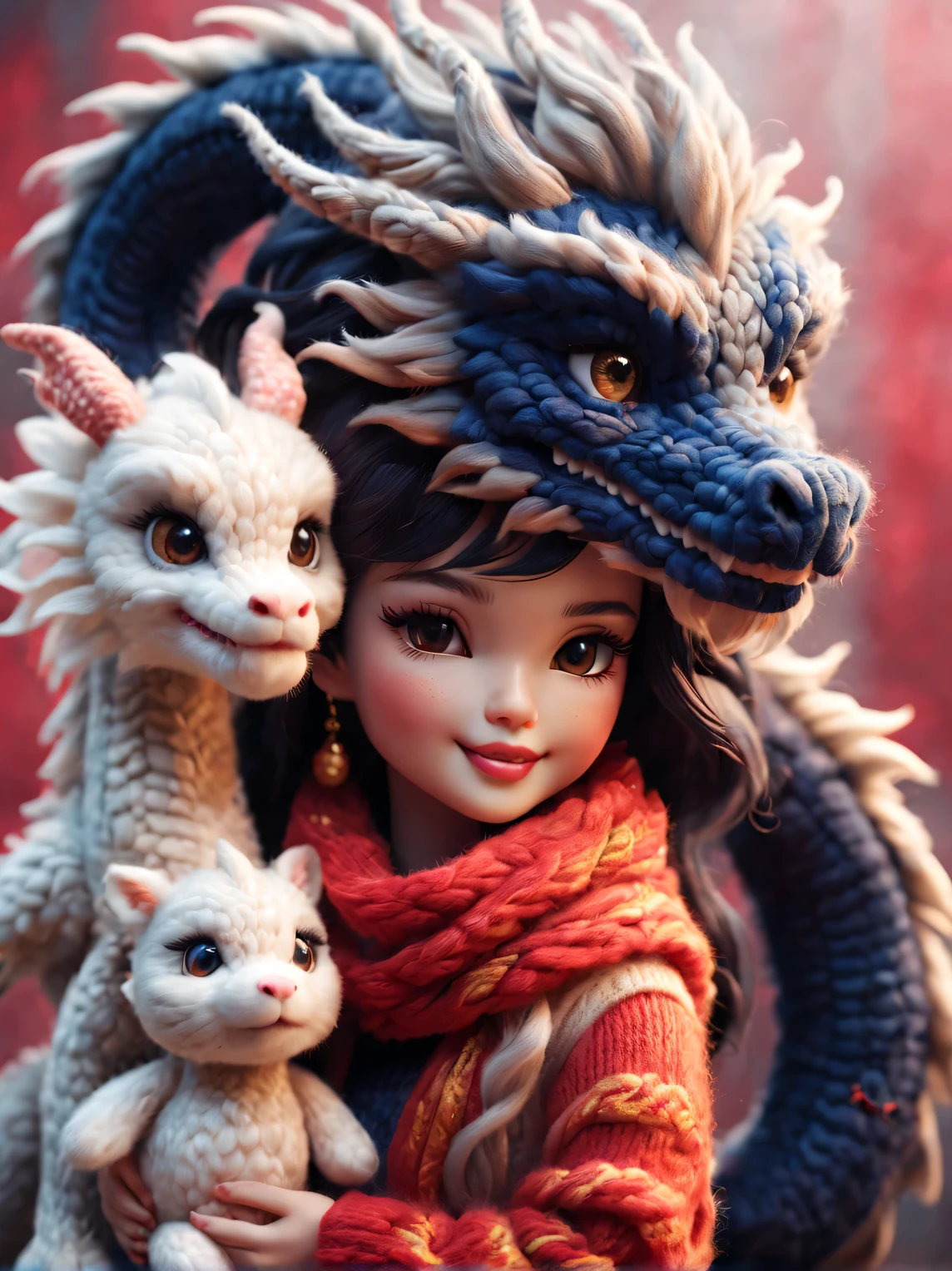 (Plush toy design),Smiling cute Chinese dragon baby and barbie doll,(wool craft),(Fluffy:0.68) ,Wearing beautiful light makeup,Gorgeous and fashionable Chinese style sweater scarf in winter, Cute 3d rendering,Background with:Dark navy and fiery red,golden colored,Cute and detailed digital art,Miniature feeling,stylized 3d render,3d rendered figure art 8k,lovely digital painting,Anime style 3D,Ultra-detailed rendering