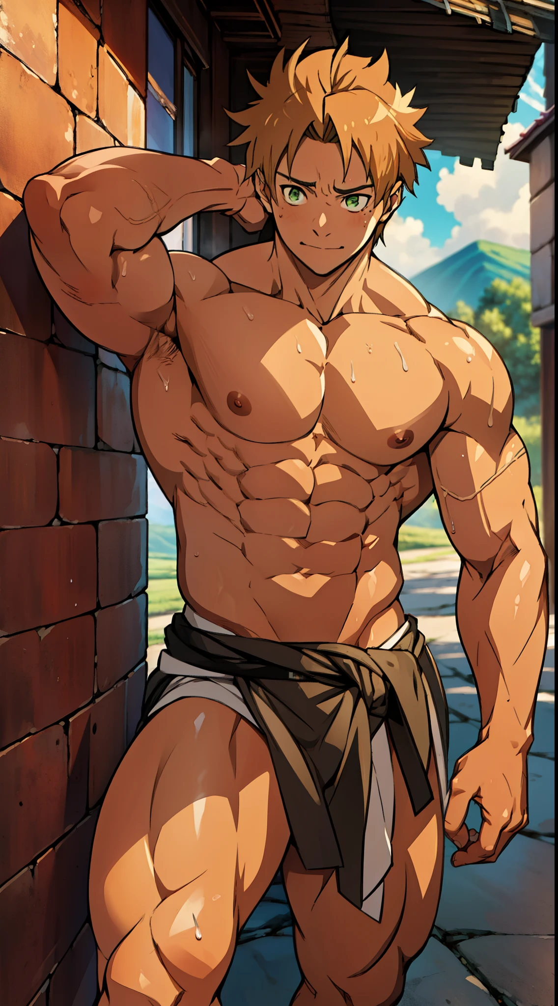 red skin, bright red skin, the boy blushed shyly , rosy skin, shiny skin(muscular thigh muscles )(Naruto anime style, art) (photo angle from bottom up) (photo angle from the ground upwards) [Anime photo][highest quality photo][4k,HD photo quality ] wear tight and short loincloths ,the loincloth bulges due to the erect male genitals (muscular thigh muscles, firm thigh muscles, muscular thigh muscles, sinewy thigh muscles, giant thigh muscles, strong leg muscles, muscular hamstring leg muscles)(thigh muscles bulging as if about to explode, muscular, calloused, sinewy, giant) , Rudeus Greyrat, aghast, extremely painful, tired,painful to the extreme, Very stressful, bodybuilder,bodybuilding, standing, lots of sweat flowing down, topless, shirtless, hot sunny, 8 pack abs , short hair , green eyes, Hands behind head.