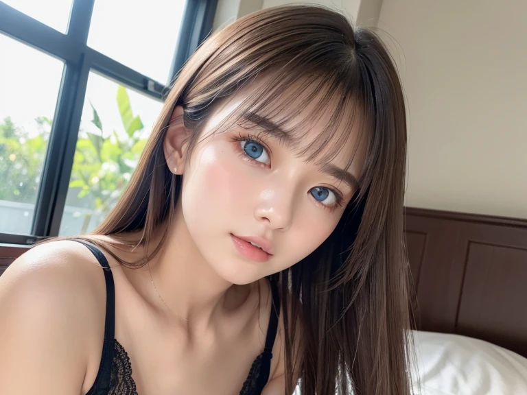 ((Realistic lighting、top-quality、8K、​masterpiece:1.3))、Clear focus:1.2、1girl in、Pretty Face、The most beautiful girl in the world、beauty with perfect body:1.4、Slim abs:1.1、((platinum-blown-hair、Colossal tits:1.3))、(Wearing ultra-thin black lace underwear:1.4、Gray stockings:1.2、)、(outside of house、Daytime:1.1)、the city street、Super fine face、Narrow-eyed、二重まぶた、Put your hands on your head、(lying on one's side on bed:1.4)、Open your 、Seduce me with a  expression、Detailed mouth、16-year-old Westerner、Short face、Beautiful light blue eyes that sparkle、Small face beauty、with round face、White beautiful skin、Teak Gloss、glowy skin、long bangs between eyes,、