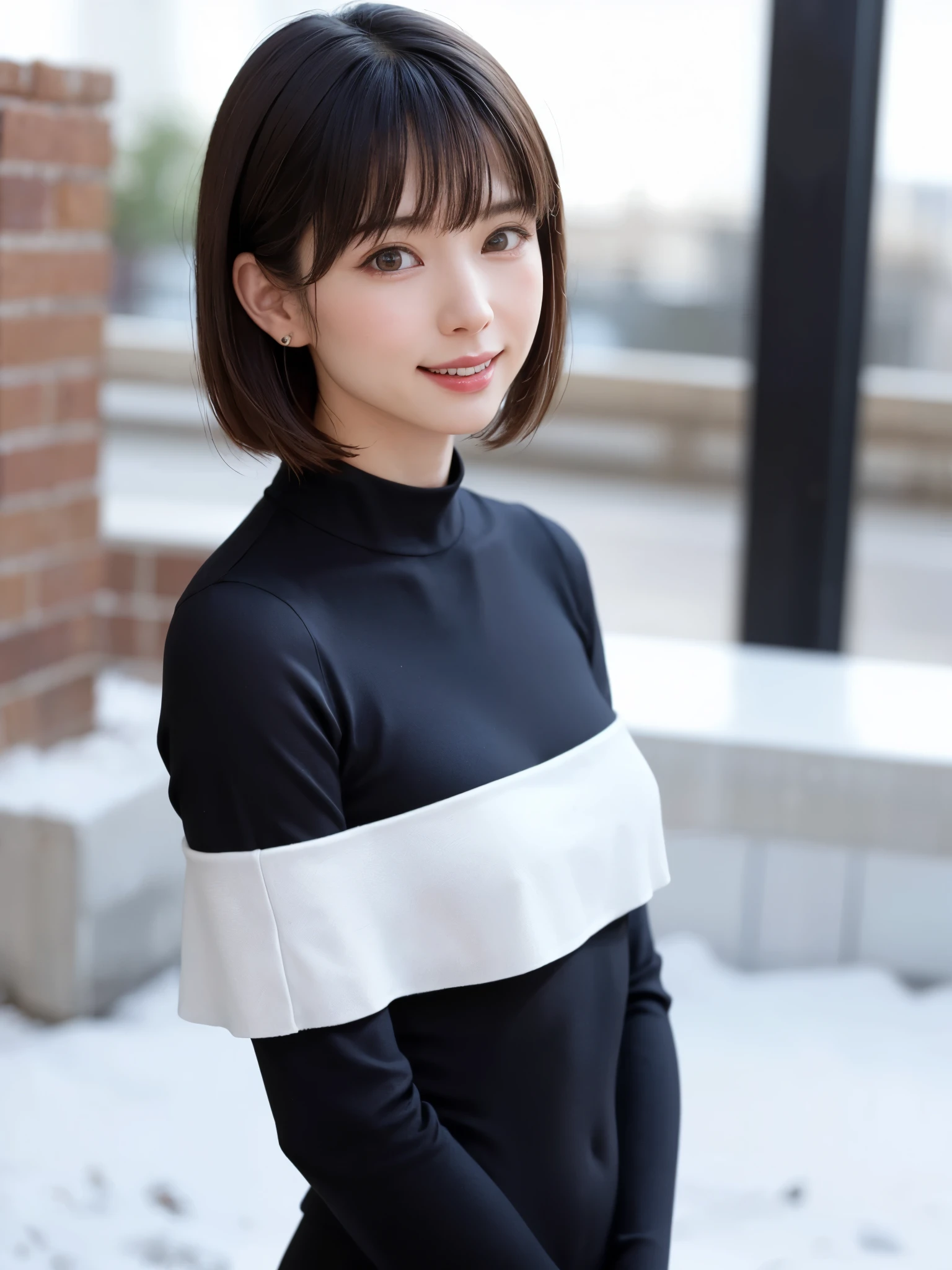 (masterpiece, top-quality),1girl in, 独奏, hyper realisitic, Photorealistic,realisitic, looking at the viewers, brown eyes of light color:1.4,Brunette short bob hair with highly detailed shiny hair, Winter clothes in bright colors, lepangas:1.4), plein air, a closed mouth, The upper part of the body、Big eye、Lashes、{Gigantic|Big|Huge|Mega} breasts:2, cleavage:2、(((Big eye、Short bob hair、Intense highlights of the pupils、gazing at viewer、She is a very beautiful and cute beauty、Put your ears out、long neck、smil、Close your mouth and smil、bangs beautiful teeth)))、Ideal ratio body proportions、(Snow-covered tree-lined streets in Norway in winter)、美しいlong neck:1.4、