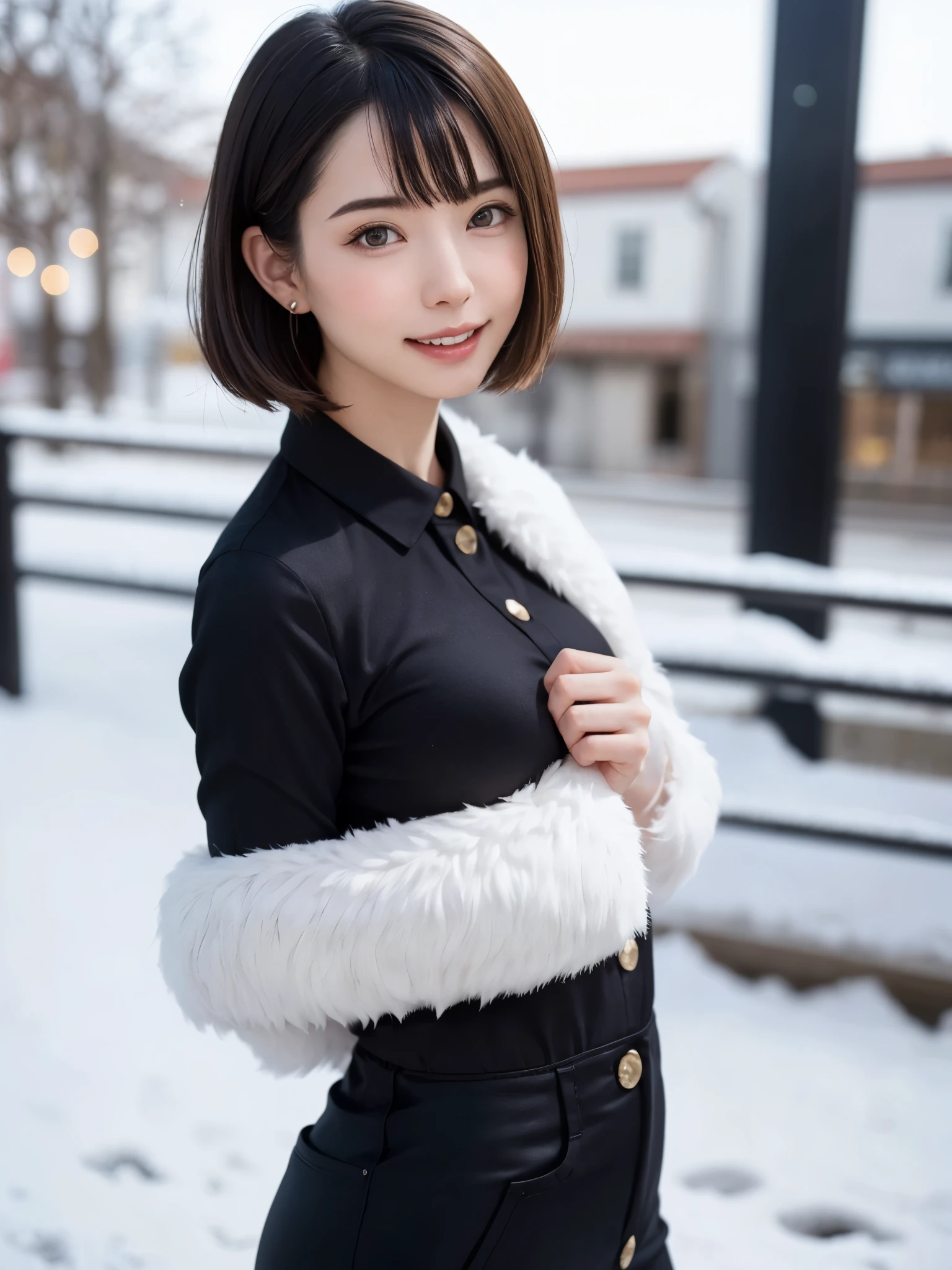 (masterpiece, top-quality),1girl in, 独奏, hyper realisitic, Photorealistic,realisitic, looking at the viewers, brown eyes of light color:1.4,Brunette short bob hair with highly detailed shiny hair, Winter clothes in bright colors, lepangas:1.4), plein air, a closed mouth, The upper part of the body、Big eye、Lashes、{Gigantic|Big|Huge|Mega} breasts:2, cleavage:2、(((Big eye、Short bob hair、Intense highlights of the pupils、gazing at viewer、She is a very beautiful and cute beauty、Put your ears out、long neck、smil、Close your mouth and smil、bangs beautiful teeth)))、Ideal ratio body proportions、(Snow-covered tree-lined streets in Norway in winter)、美しいlong neck:1.4、
