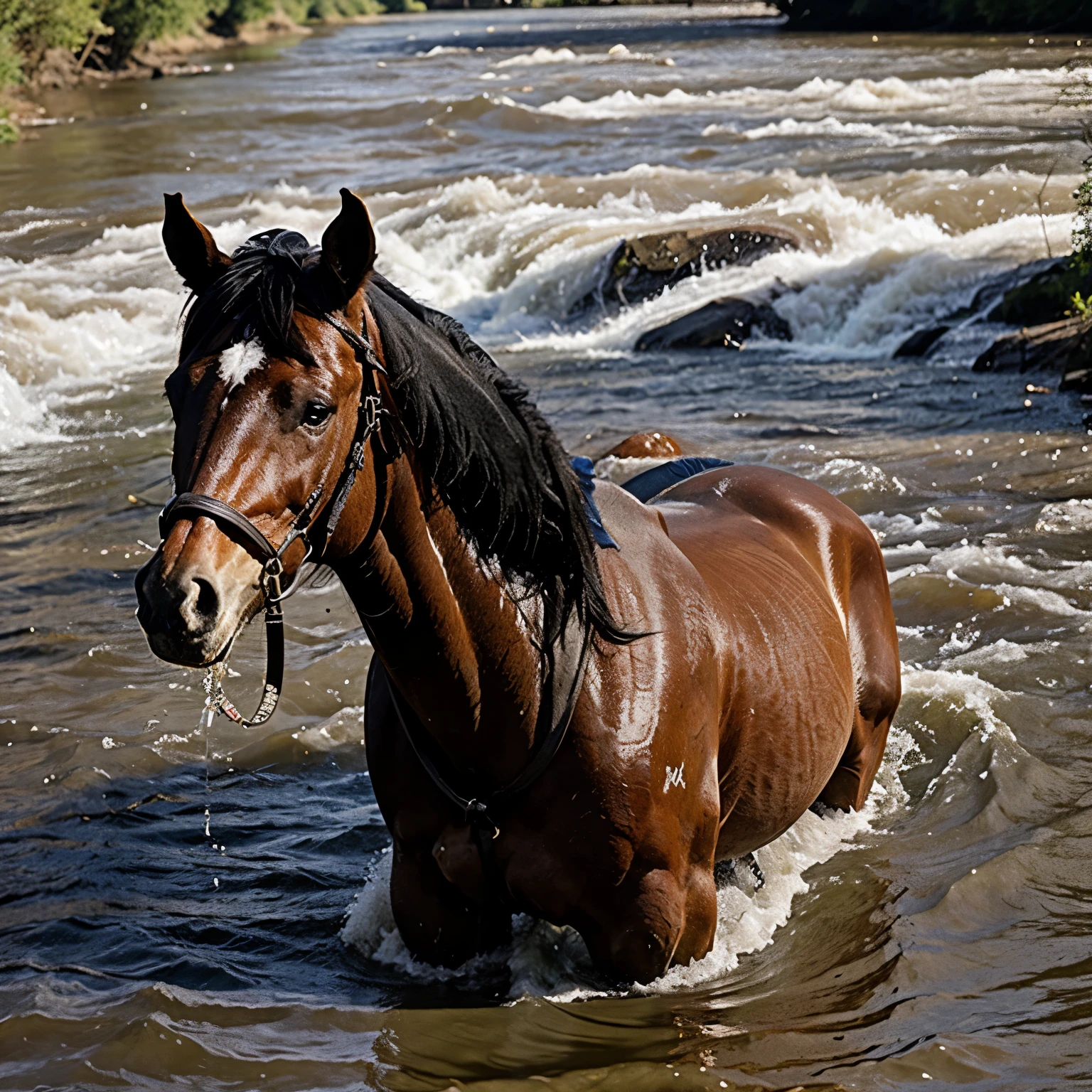 Horse drinking water in river